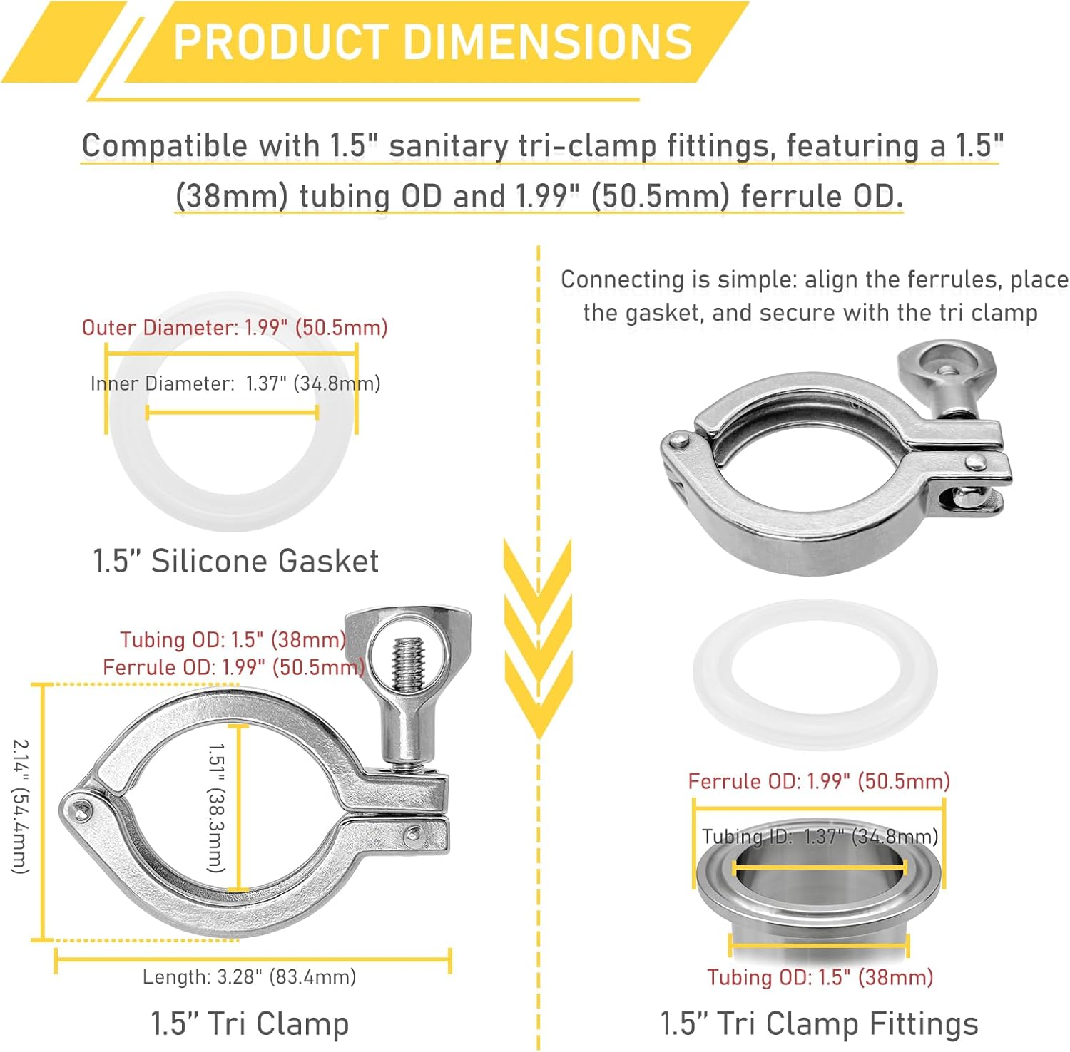 20 Pack 1.5 Inch Tri Clamps Heavy Duty with Silicone Gaskets 1.5" Single Pin Tri-Clamp 304 Stainless Steel Sanitary TC Fittings Industrial Quick Connect Clamp