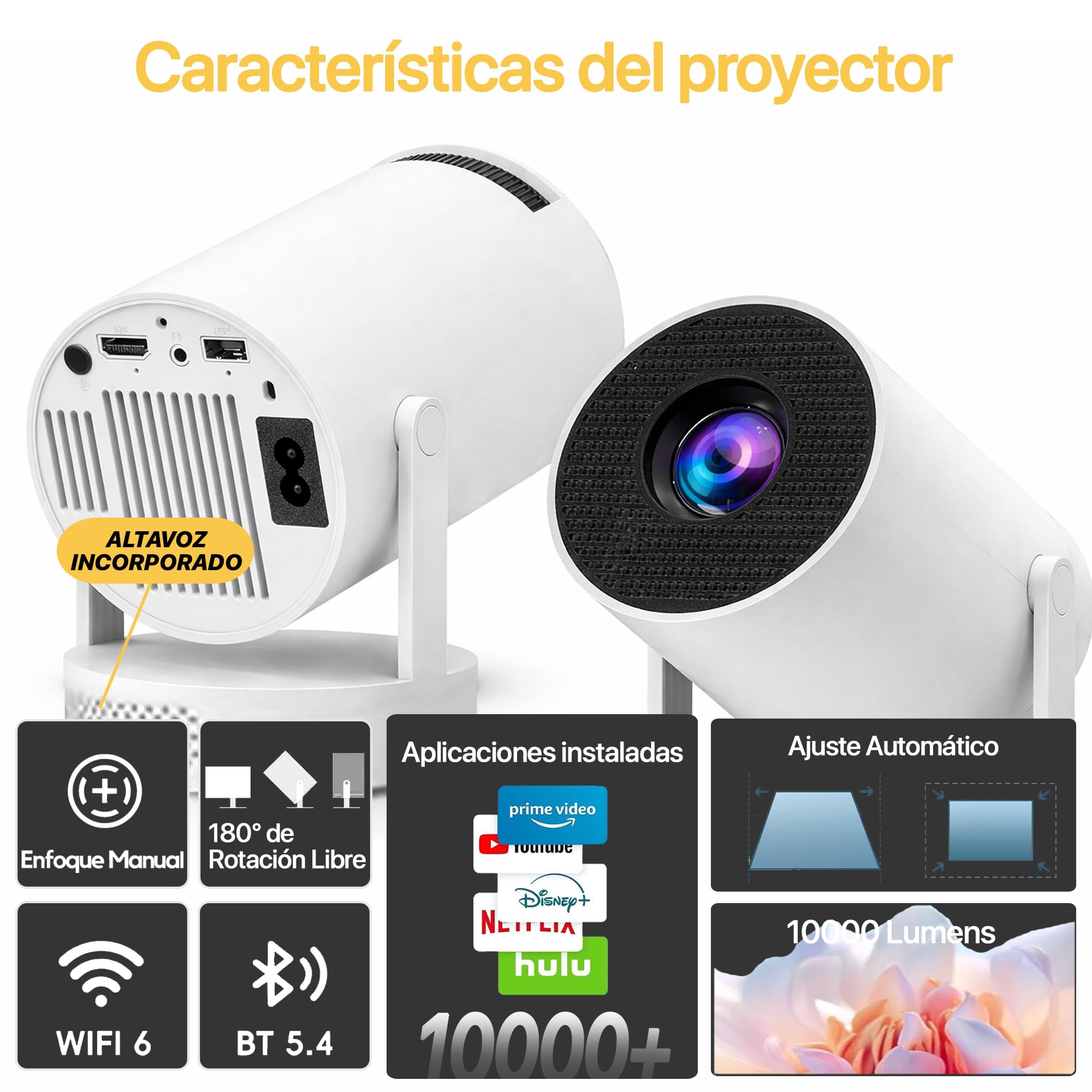 Proyector Portátil con Altavoz, 4k, WiFi, Bluetooth [Apps Integradas] Sistema Android 2026 Upgraded Mini Proyector de vídeo con Altavoz Integrado, Proyector Cine FullHD HDMI/portátil/móvil.