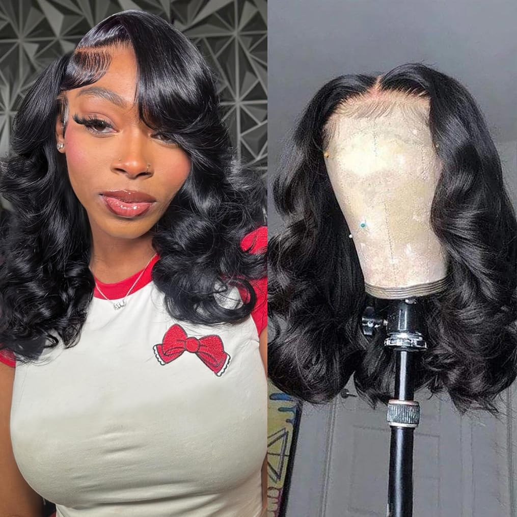 14inch Bob Wig Human Hair 13x6 HD Lace Front Human Hair Wig Body Wave Wigs 180% Density Pre Plucked Glueless Bob Wigs for Women Natural Black