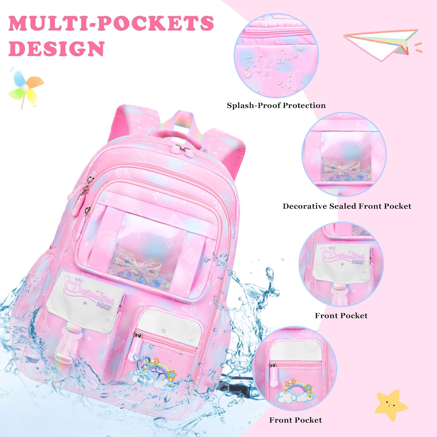 3PCS SET kids backpacks for girls, bookbag for girls backpack with lunch box Pencil Pouch Set back to school supplies for Kid, School backpack for girl Elementary School Student(PINK)