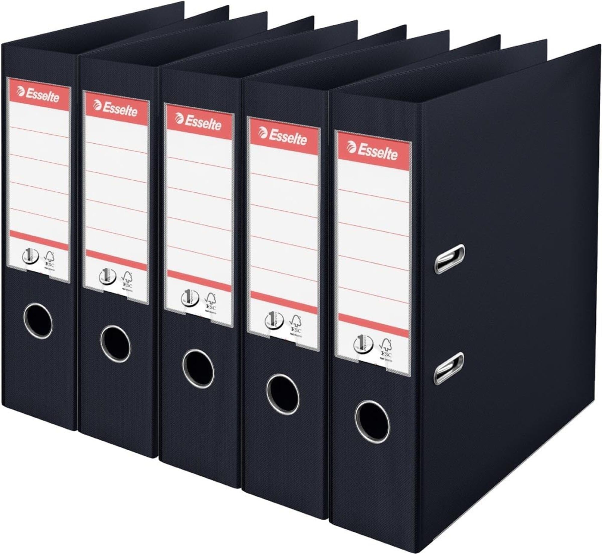 Esselte, Pack 5 Classeurs à levier A4, Dos 75 mm, 500 feuilles, Noir | Pack de 5 classeurs à levier A4, dos 75mm, capacité 500 feuilles, couverture polypropylène, coloris noir.