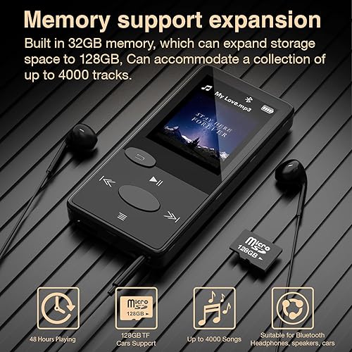 Miniatura 8 de Reproductor MP3 con sonido Bluetooth 5.3 HiFi, reproductor de MP3 con radio FM, mini reproductor de música de 32 GB para niños adultos, auriculares