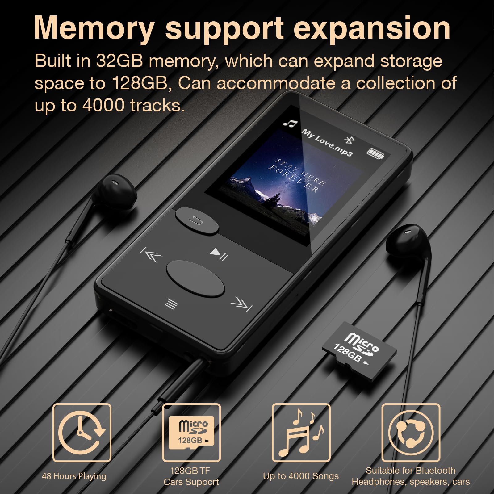 Lecteur MP3 Bluetooth Son HiFi avec Radio FM, Baladeur Bluetooth, Écouteurs Inclus