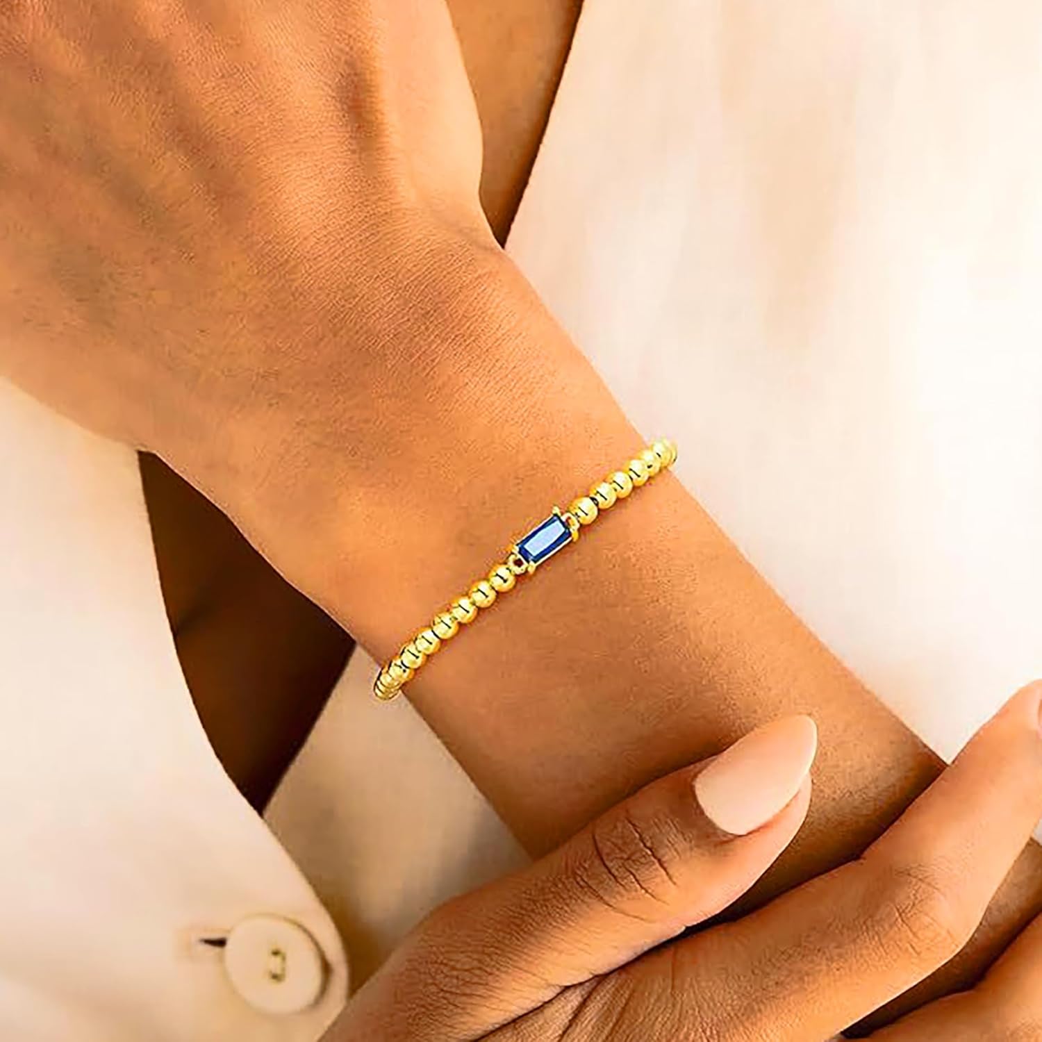 Dainty Beaded Bracelet, Gold, 14K Gold Plated, Women's, Adjustable Elastic, Adult, Medium, 20 grams, 2 inches - Image 3