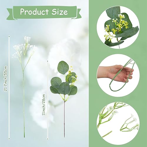 Miniatura 2 de Zonon 60 piezas de flores artificiales de gypsophila para el aliento del bebé, ramos de hojas de eucalipto de dólar plateado, ramos florales a