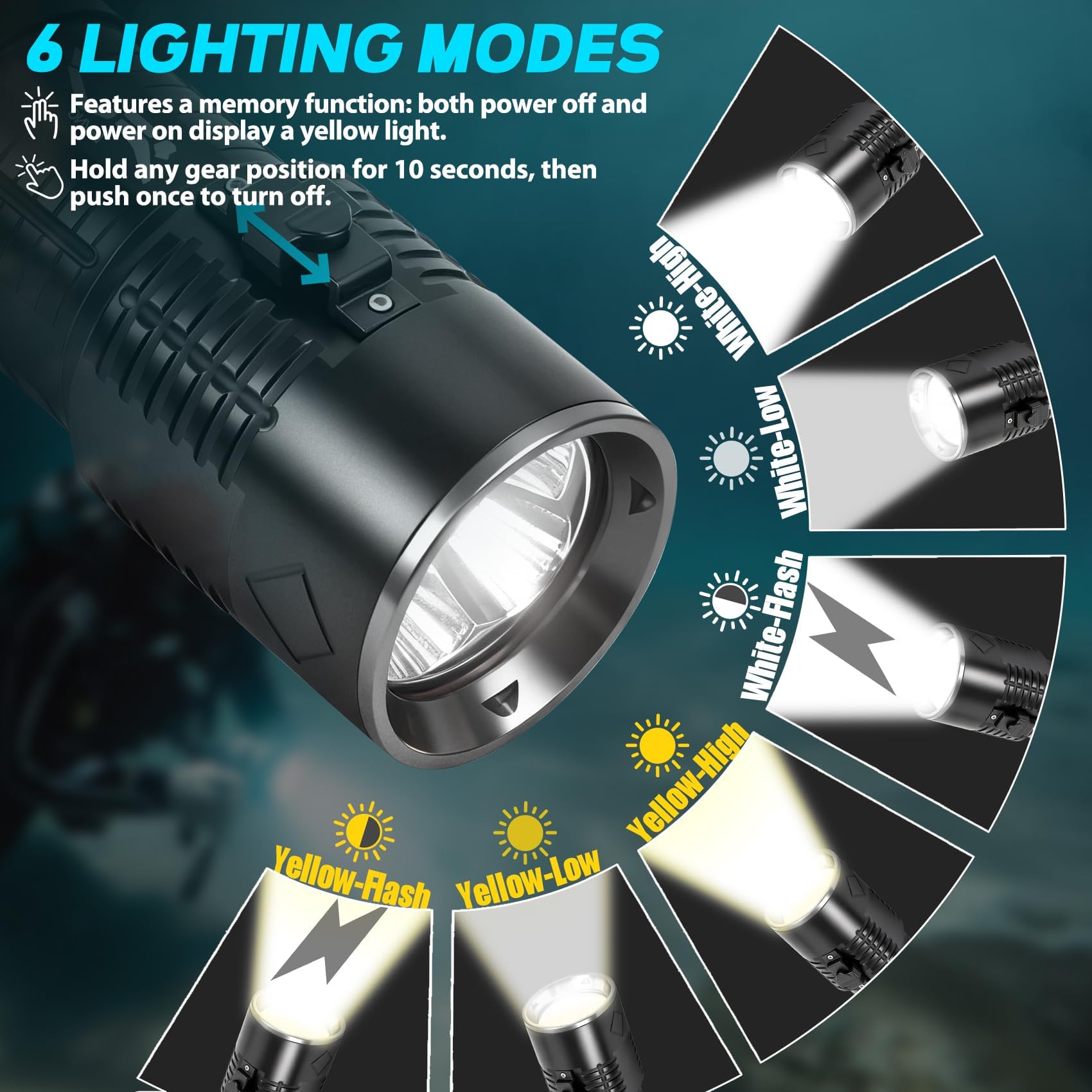 Lampe de plongée sous-marine – Lampe torche rechargeable super lumineuse étanche, 6 modes d'éclairage sous-marin, lampe de poche de sécurité pour plongée sous-marine et plongée avec tuba