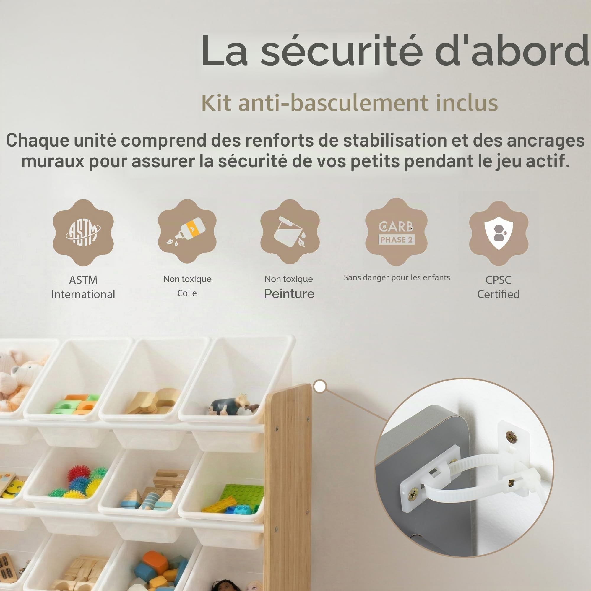 Humble Crew WO166 Étagère pour Enfants - Organisateur de Jouets avec 16 Bacs de Rangement, Naturel/Blanc