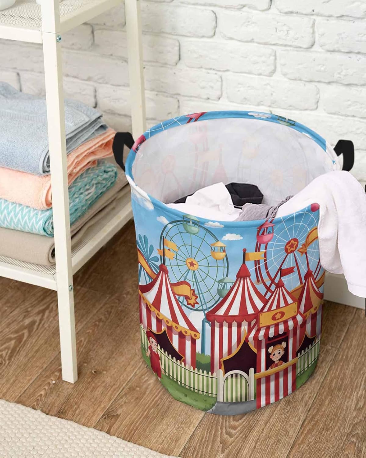 Collapsible Laundry Basket 60L, Amusement Park Storage Bin Laundry Hamper with Handles, Cute Cartoon Wheelwheels Circus Waterproof Clothes Baskets for Bedroom/Kitchen 16.5 x 17 In