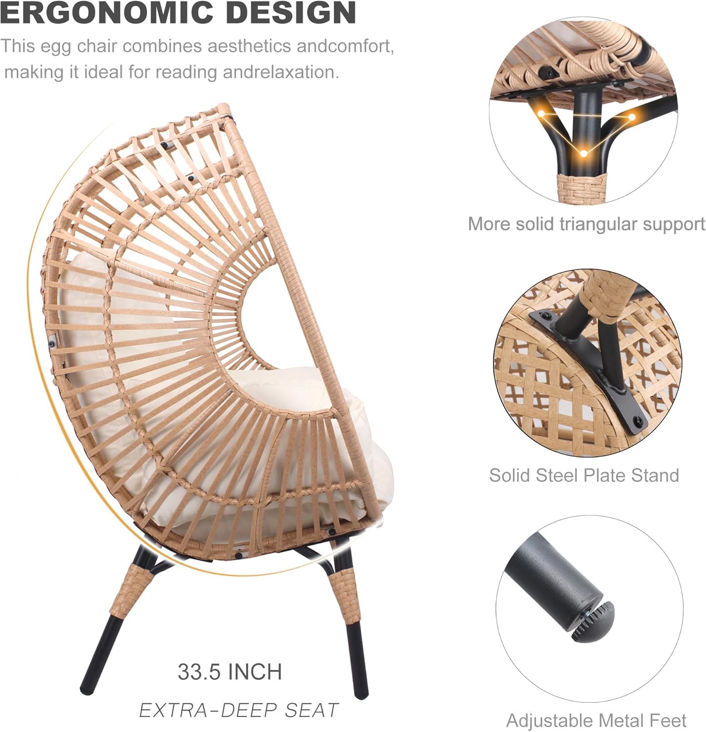 Oversized Wicker Egg-Chair Outdoor Indoor Rattan Patio Egg Lounge Chairs with Cushion 500lbs Capacity for Living Room, Balcony, Backyard(Beige)