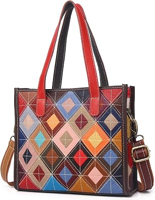 Women Multicolor Handbag Cowhide Shoulder Purse Random Square Patchwork Satchel