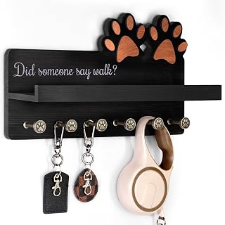 MTERSN Decorative Dog Leash Holder for Wall with Shelf & 6 Hooks, Black