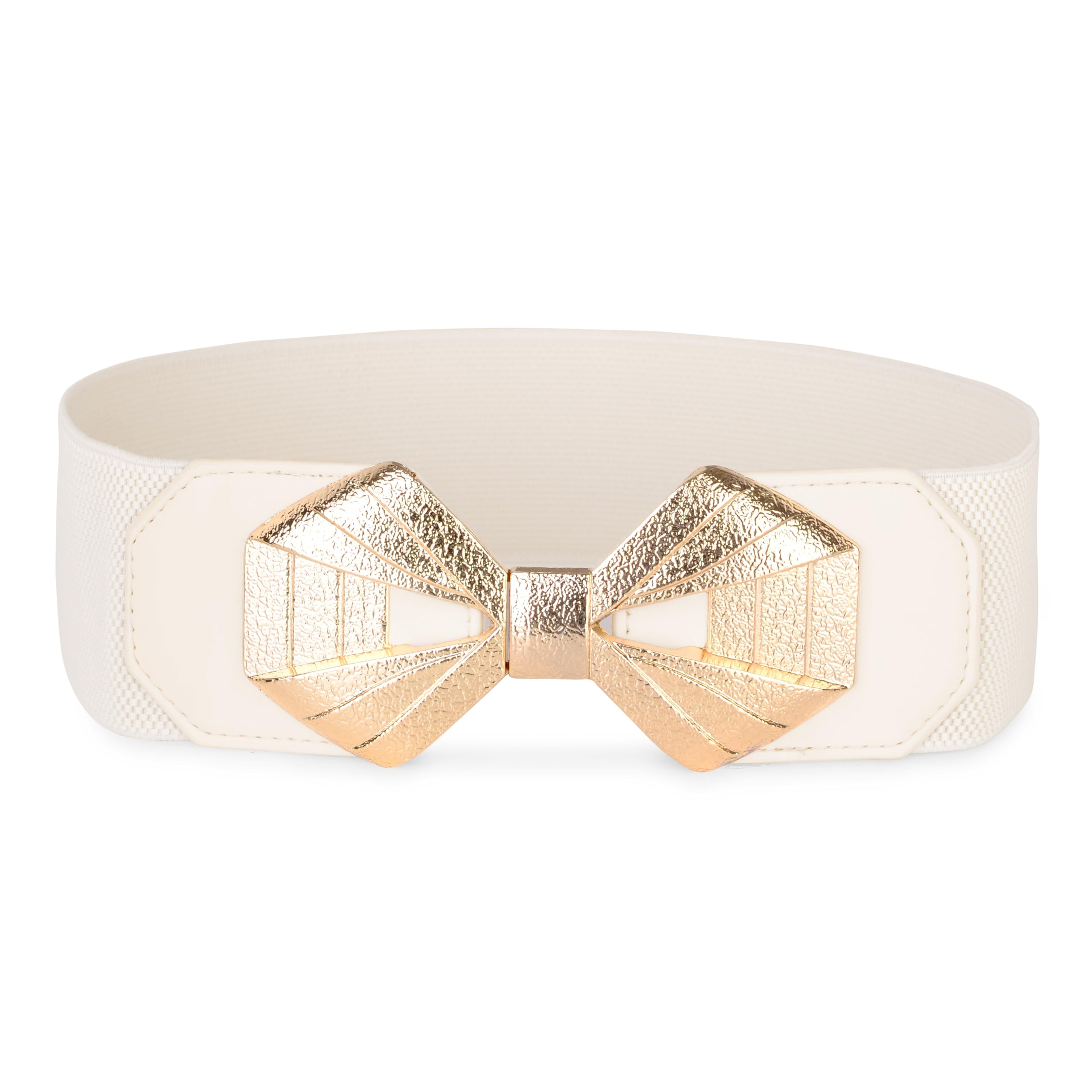 Blackbutterfly Women's Beige Wide Elastic Cinch Stretch Waistband Retro Gold Bow Buckle Waist Belt (, S)