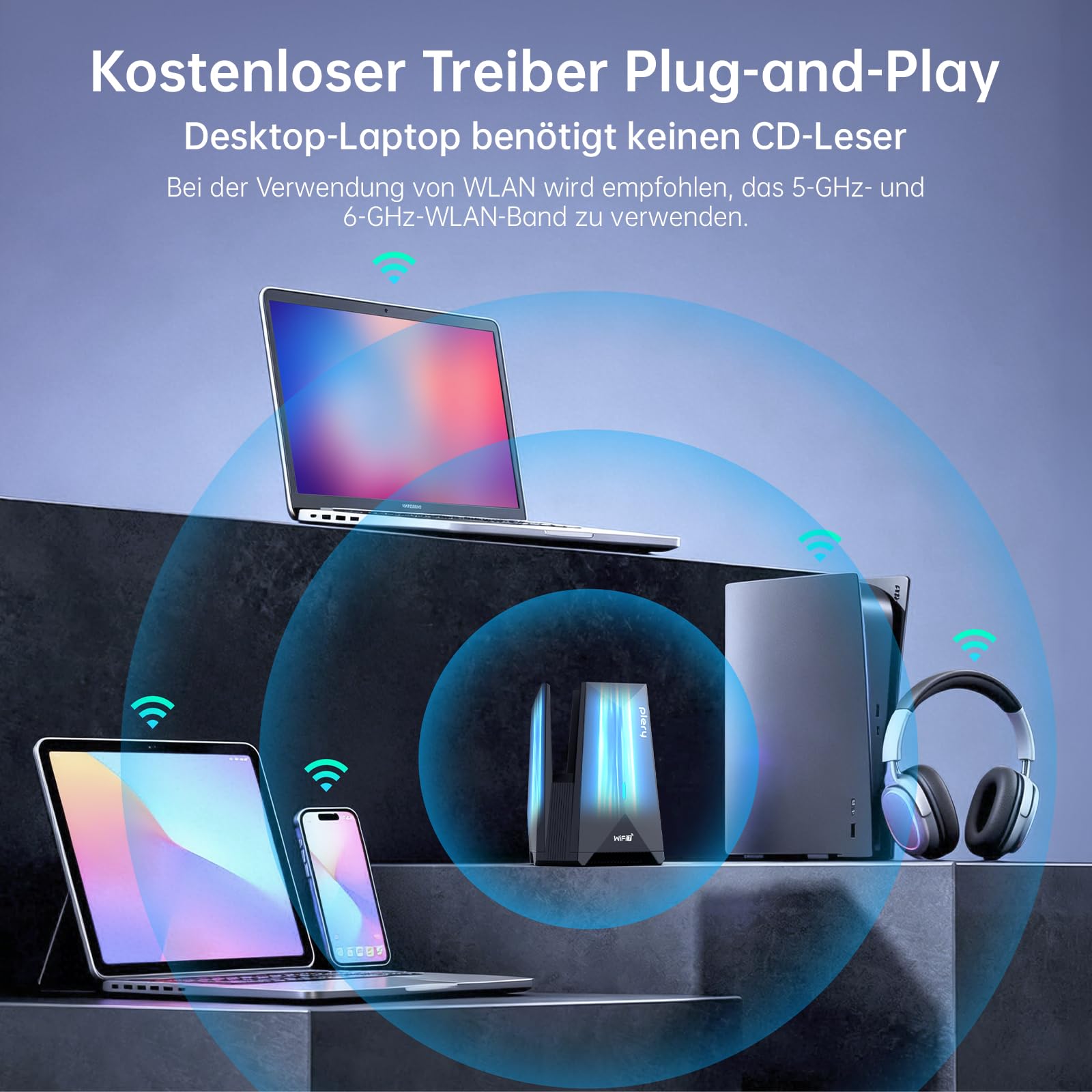WiFi 7 WLAN Stick für PC, BE6500 USB 3.0 WLAN Stick Tri-Band 6G/5G/2.4G, WiFi Adapter PC mit 3 Antennen Geringe Latenz für Gaming, MLO, 4K-QAM, WPA3, Integrierte Treiber, NUR für Windows 10/11