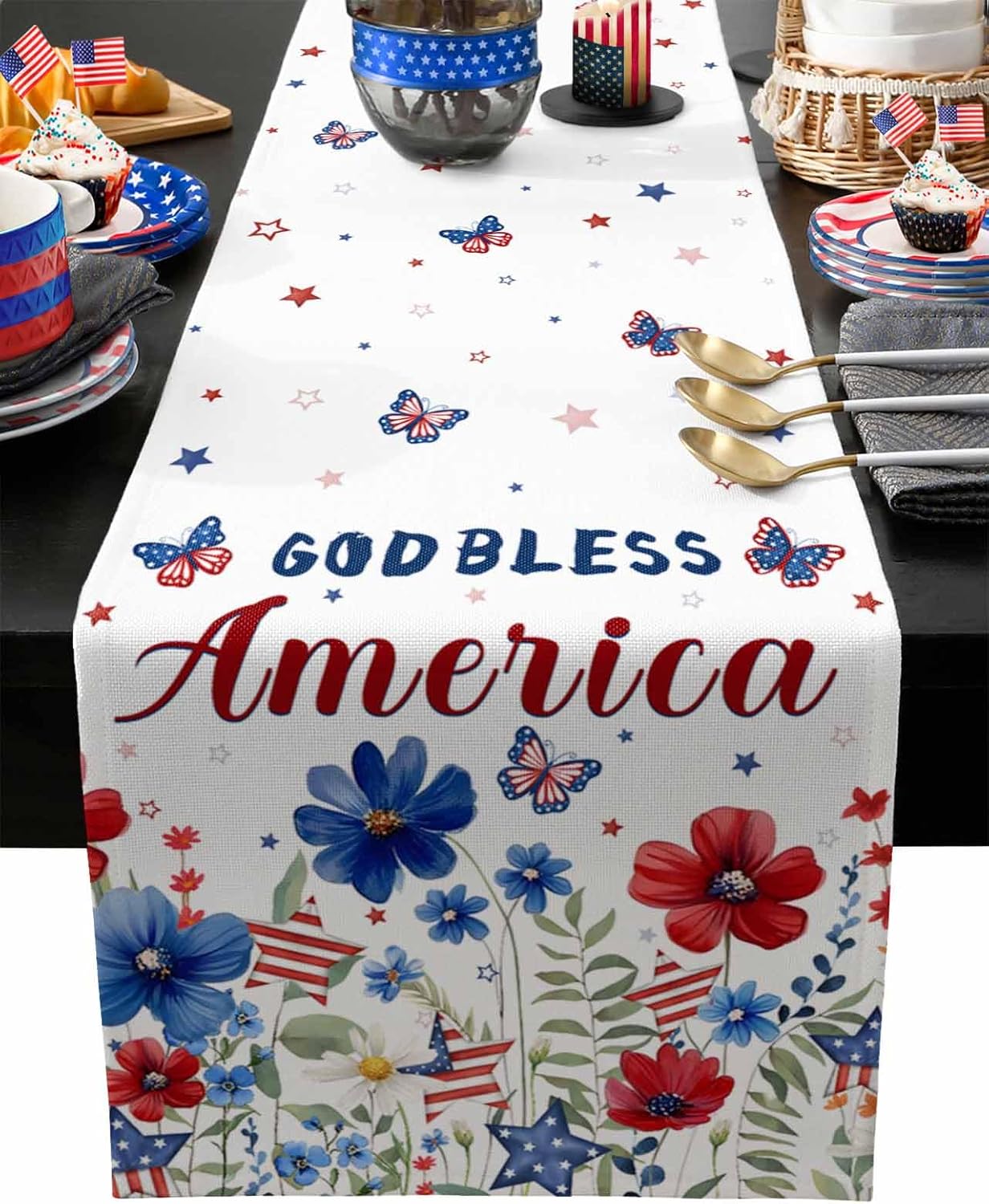 4th of July Table Runner 13x120 Inches Long God Bless America Runner for Table Red Blue Floral USA Flag Independence Day Table Runners Dresser Scarf for Kitchen Dining Memorial Day Holiday Party Decor
