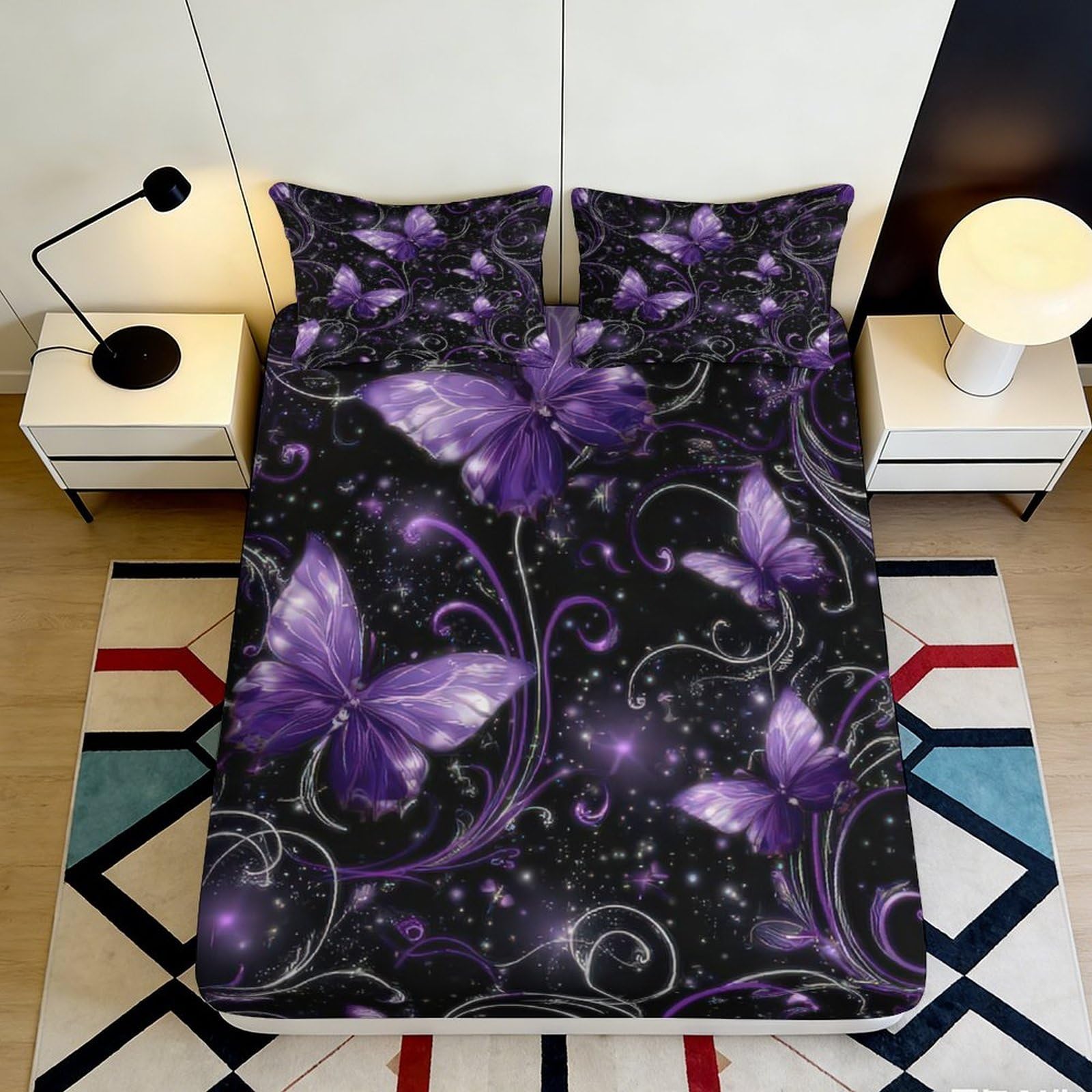 Uynsixtme Style-10 3D Printed Purple Butterfly Fitted Sheet Microfiber Deep Pocket Non-Slip Bedding Purple Butterfly Mattress Fitted Cover For Adults 90X200x25cm