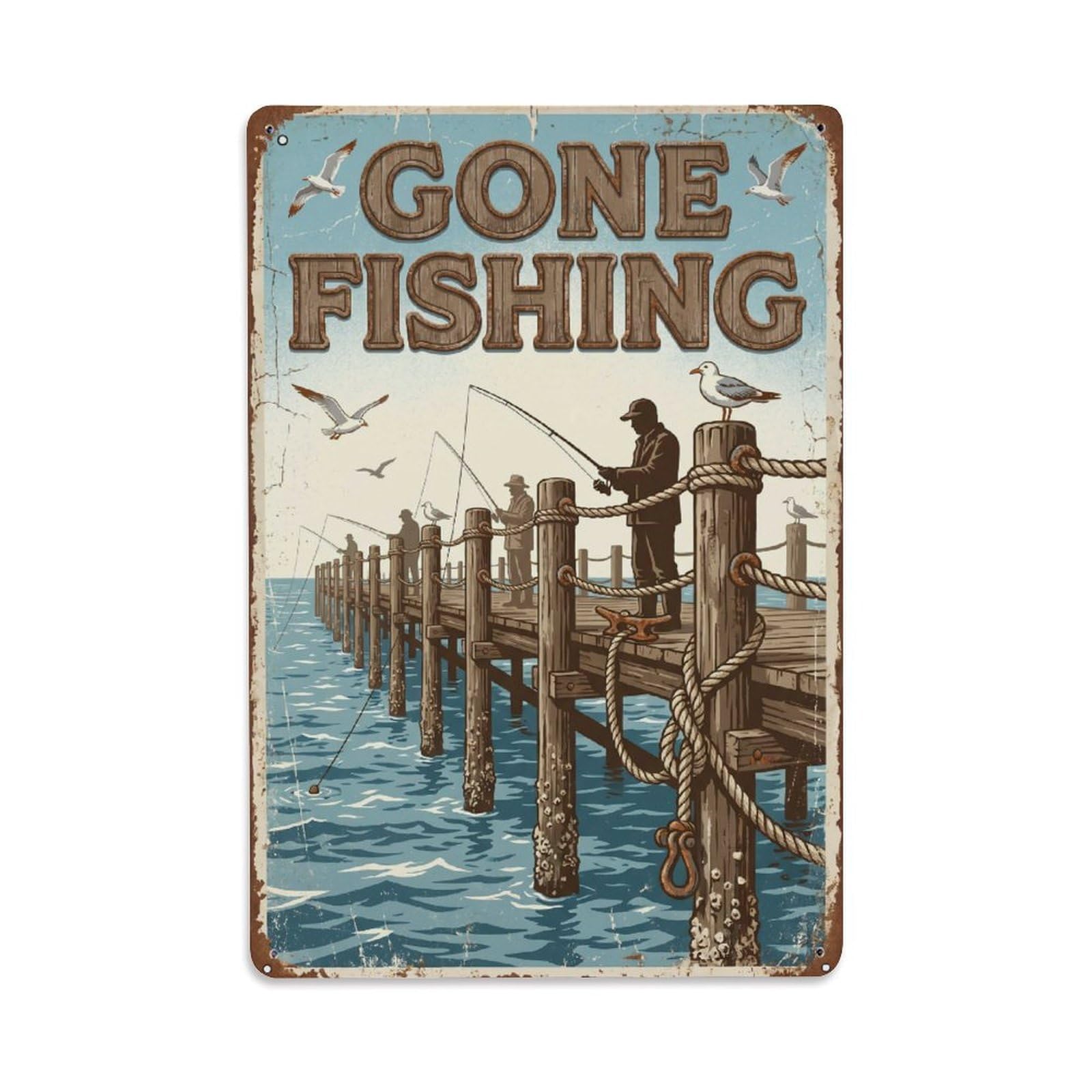 Gone Fishing Pier Dock Vintage Metal Tin Sign Plaque Wall Decor for Cafe, Club, Garden Metal Poster 8x12Inch