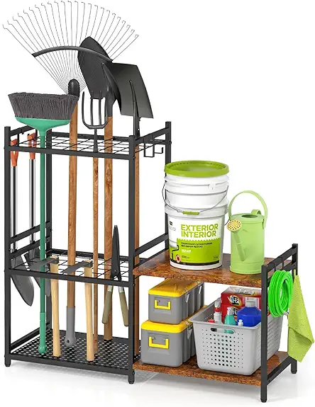 Garage Tool Organizer with 2-tier Wooden Shelves, Yard...
