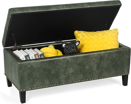 Miniatura 15 de Homebeez Banco otomano de almacenamiento de terciopelo copetudo, reposapiés con ribete de cabeza de clavo (azul) Azul,verde (ink green),Beige