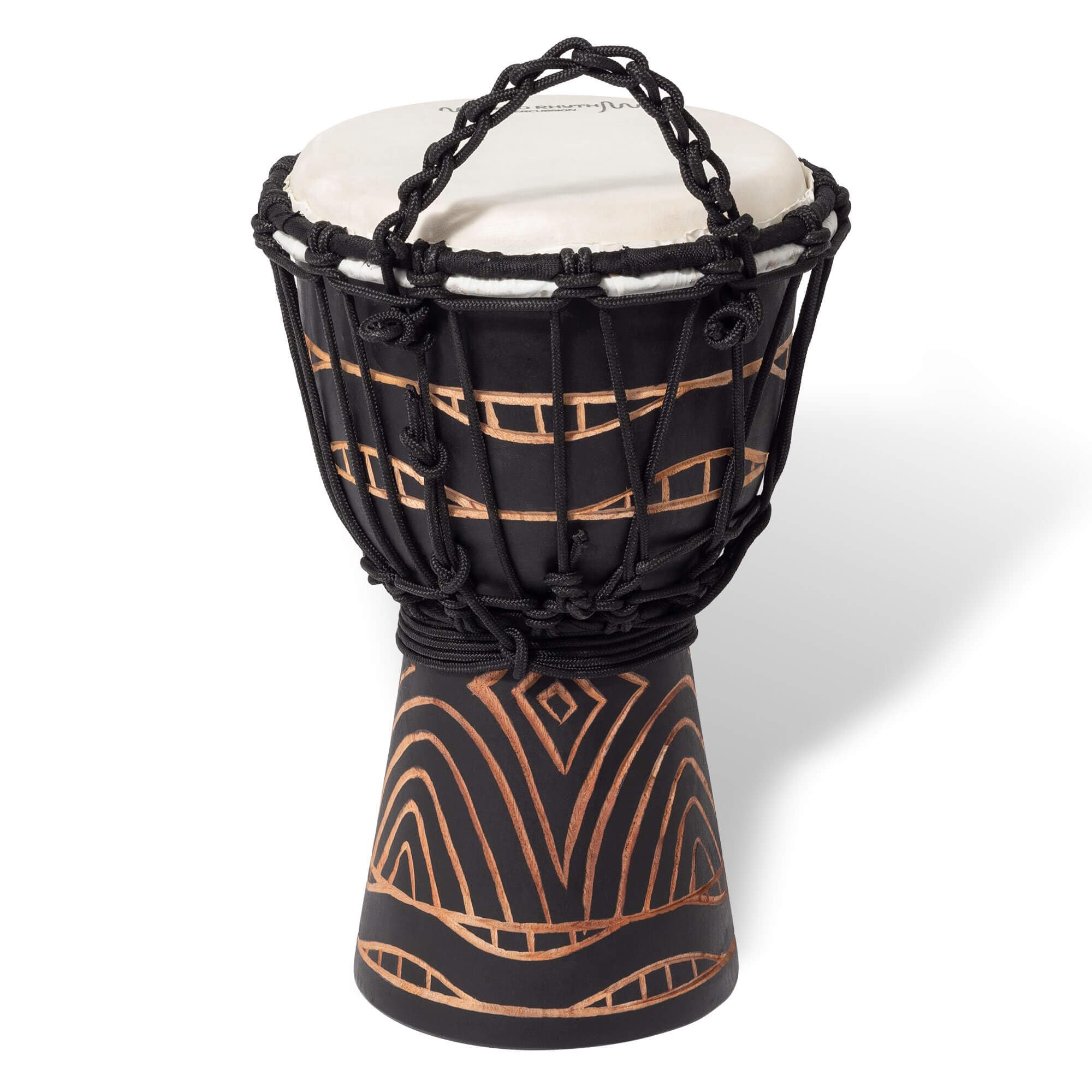 Tambor Djembe de 30 cm (12") con Cabeza de Piel de Cabra de 7" | Afinación por Cuerdas, Tallado a Mano, Estilo Africano, Swirl Black - para Artistas, Círculos de Tambor, Talleres Grupales