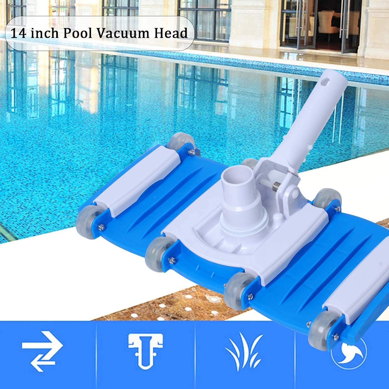 Poweka Limpiafondos Manual Cabezal de Cepillo 14" para Aspiradora de Piscina, Aspiración Flexible con Mango de Poste