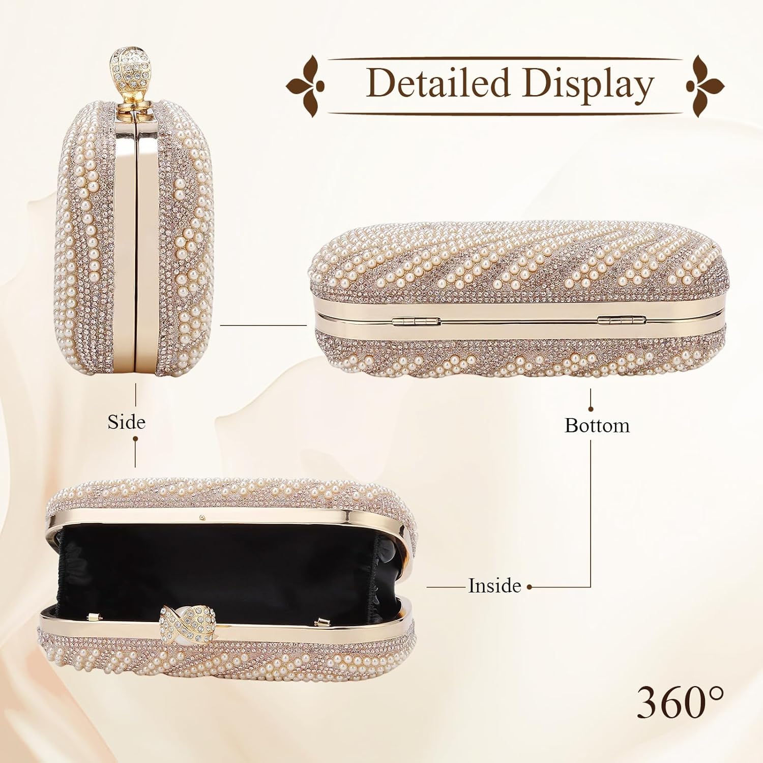 YYW Womens Pearl Clutch Purse Evening Handbags Beaded Bag for Wedding Bride Party with Chain - Image 4