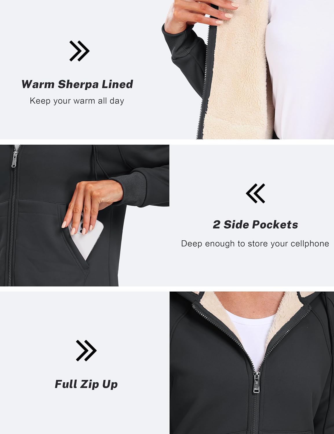 MoFiz Women's Fleece Zip Up Hoodie Warm and Cozy Sherpa Lined Sweatshirt Winter Hoodie Jackets for Women with Pockets - Image 6