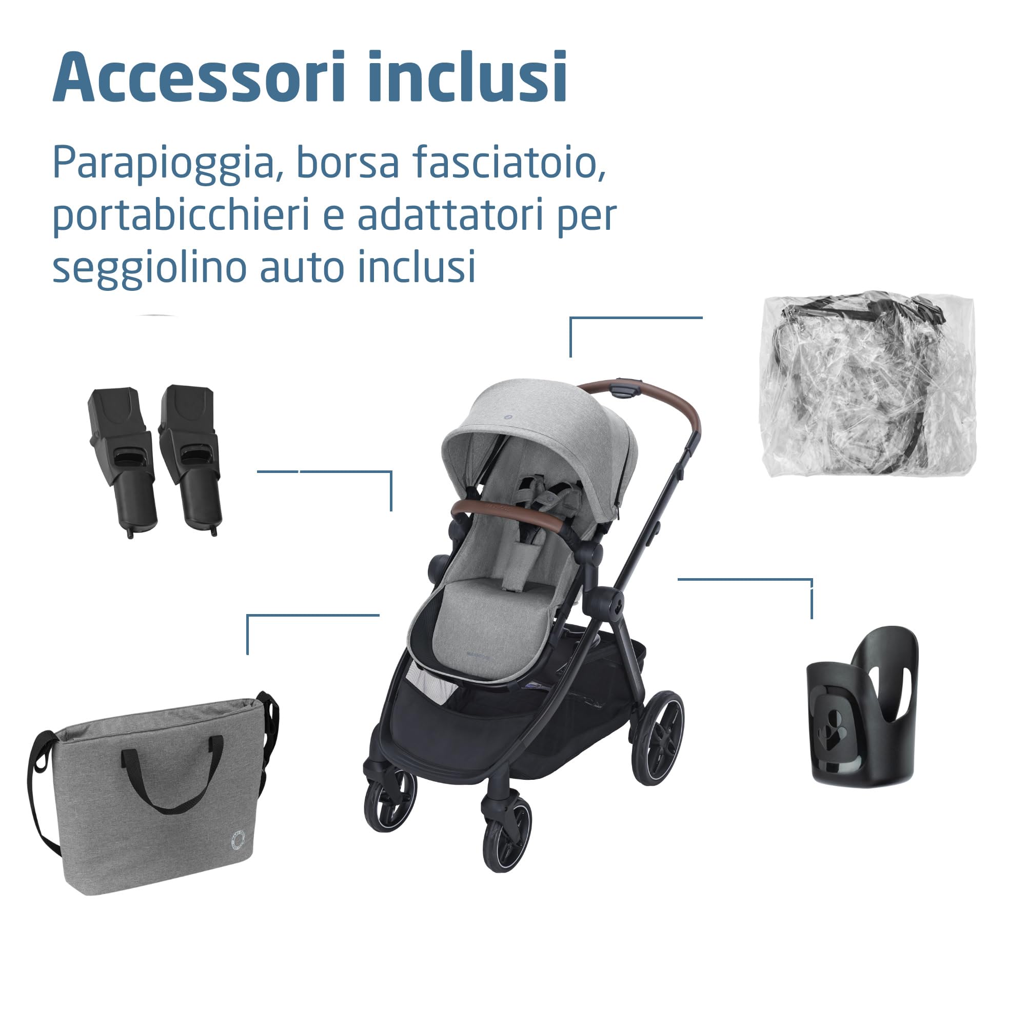 Maxi Cosi Zelia Select+, Passeggino Trio Con Seggiolino Auto, 0-4 anni (0-22 kg), Passeggino Neonato Con Chiusura Compatta a Una Mano, Navicella Reversibile, Seggiolino Auto CabrioFix S i-Size, Grigio