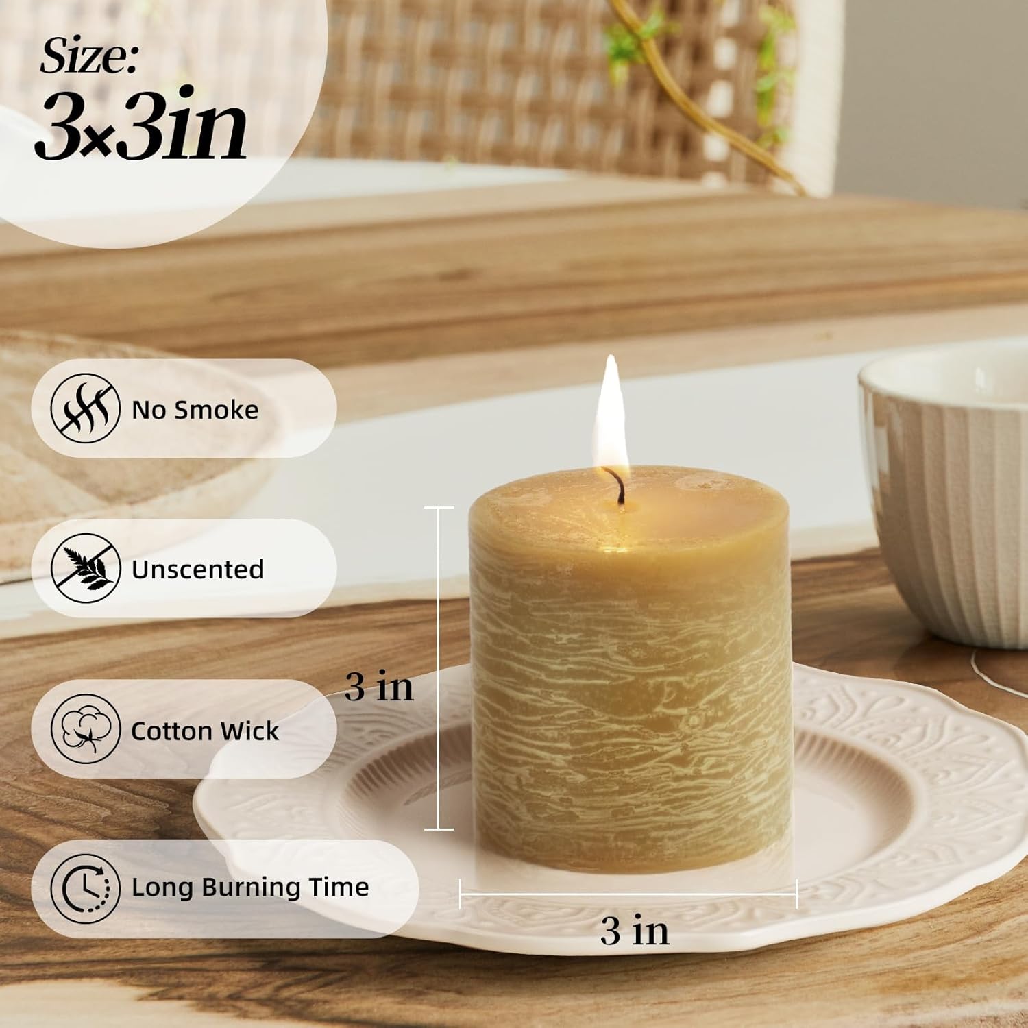 KONNI Wax Yellow Pillar Candles Set of 3, 3"x 3" Unscented Pillar Candles Bulk, 30 Hours Long Burning Candles, Smokeless&Dripless Large Round Candle for Wedding, Home Decoration, Parties, Spas, Dinner - Image 2