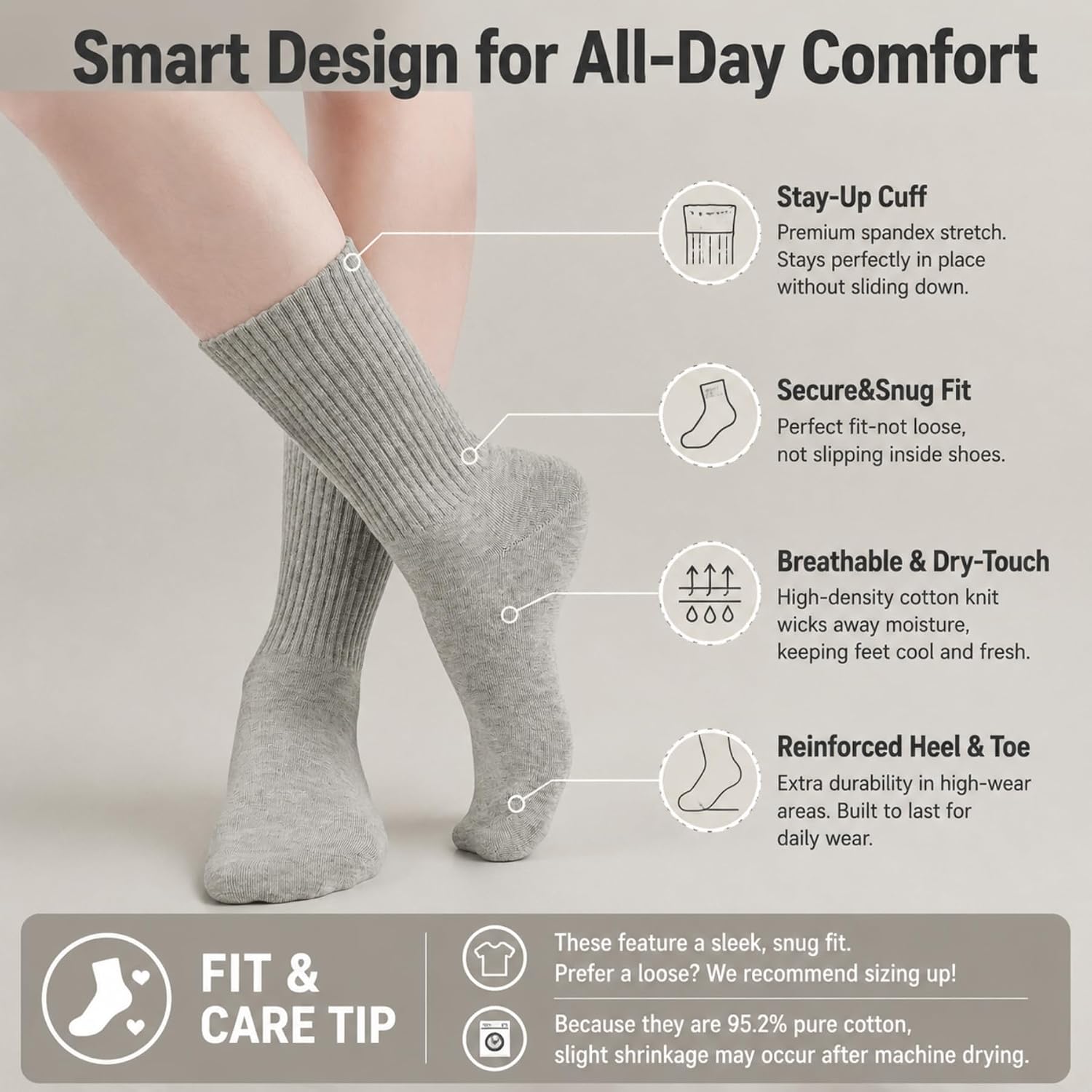 Men's Crew Socks, Lightweight Casual Cotton Socks for Men, Moisture Wicking Breathable Smooth Toe, 4 Pairs,Size 7-11