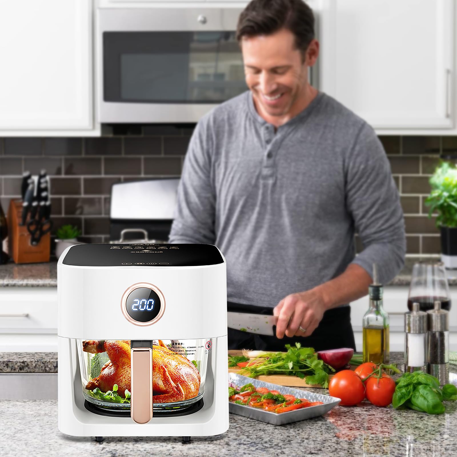 Freidora de aire caliente 5L, 1300W Freidora de aire con ventana de visión de 360°, control de tiempo y tempertura, pantalla táctil, extraíble, 6 funciones de cocción, sin BPA