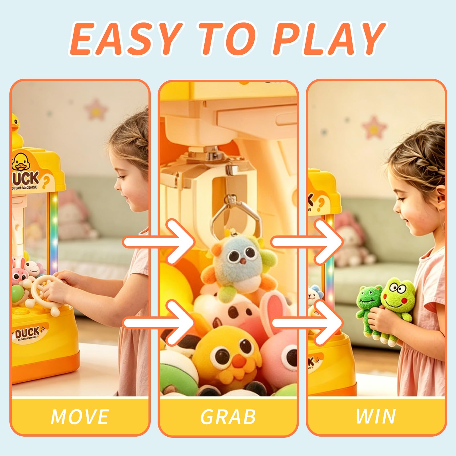 Macchina a forma di artiglio d'anatra per bambini, distributore automatico di giocattoli con premi in peluche, età 3+ | Grande gioco a premi arcade da 33 cm con luci, musica, capsule e comandi facili per feste di compleanno e giochi in famiglia.