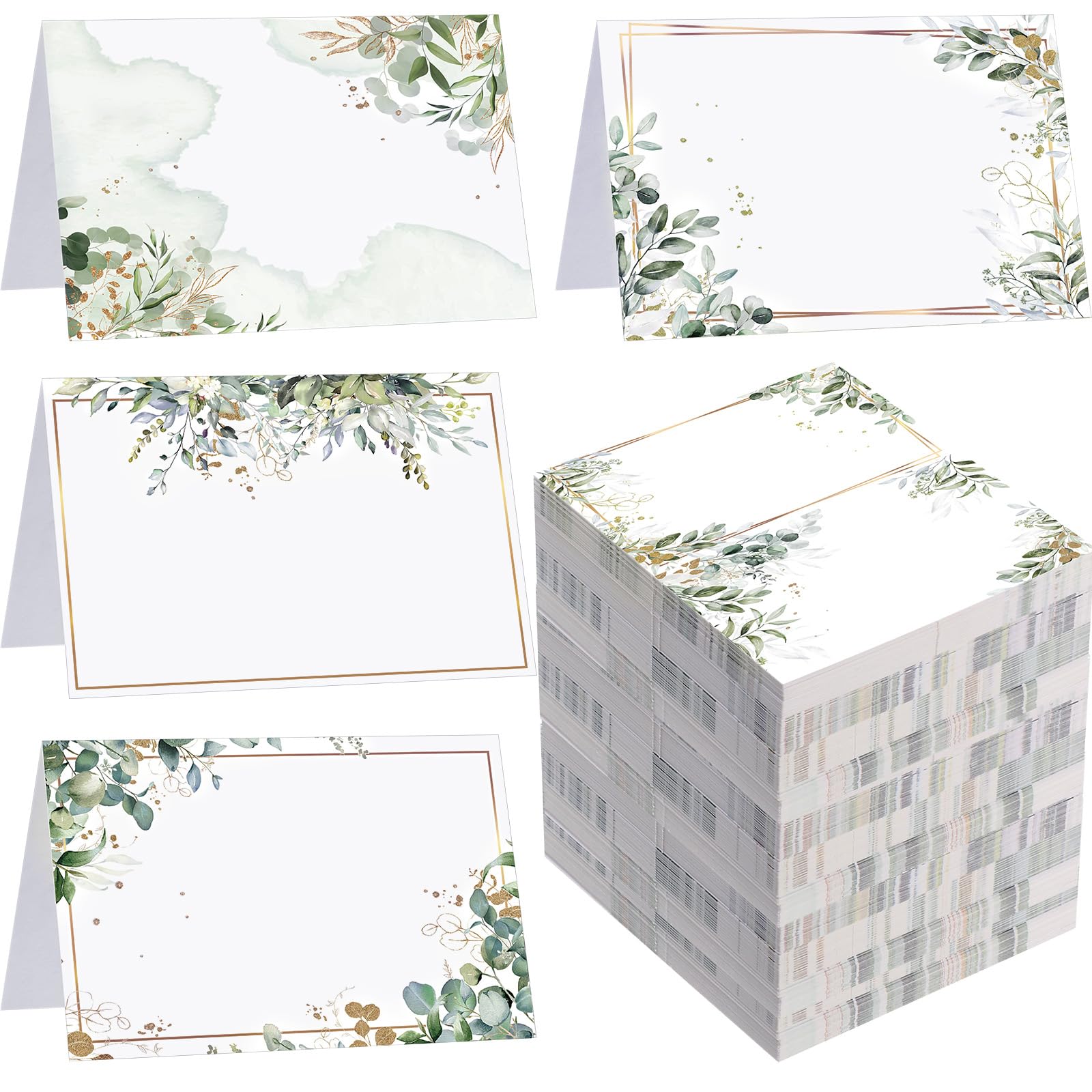 Photo 1 of Honoson 120 Pcs Watercolor Greenery Place Cards for Table Setting 3.5 x 2 Inch Blank Fillable Seat Card Eucalyptus Tent Folding Name Card for Weddings, Parties, Banquets