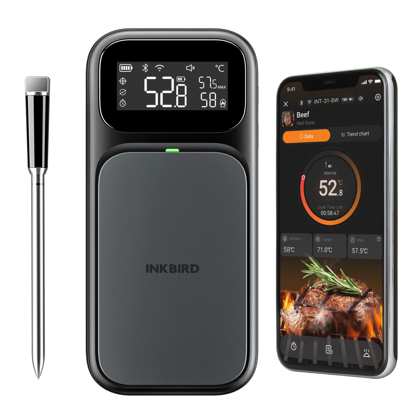 INKBIRD INT-31-BW Fleischthermometer kabellos, Multi-Sensor, Grillthermometer WiFi 5G und Bluetooth 5.4, LCD-Display, IP67 wasserdicht, für Ofen, Grill, Smoker, Rotisserie Airfryer Ofen