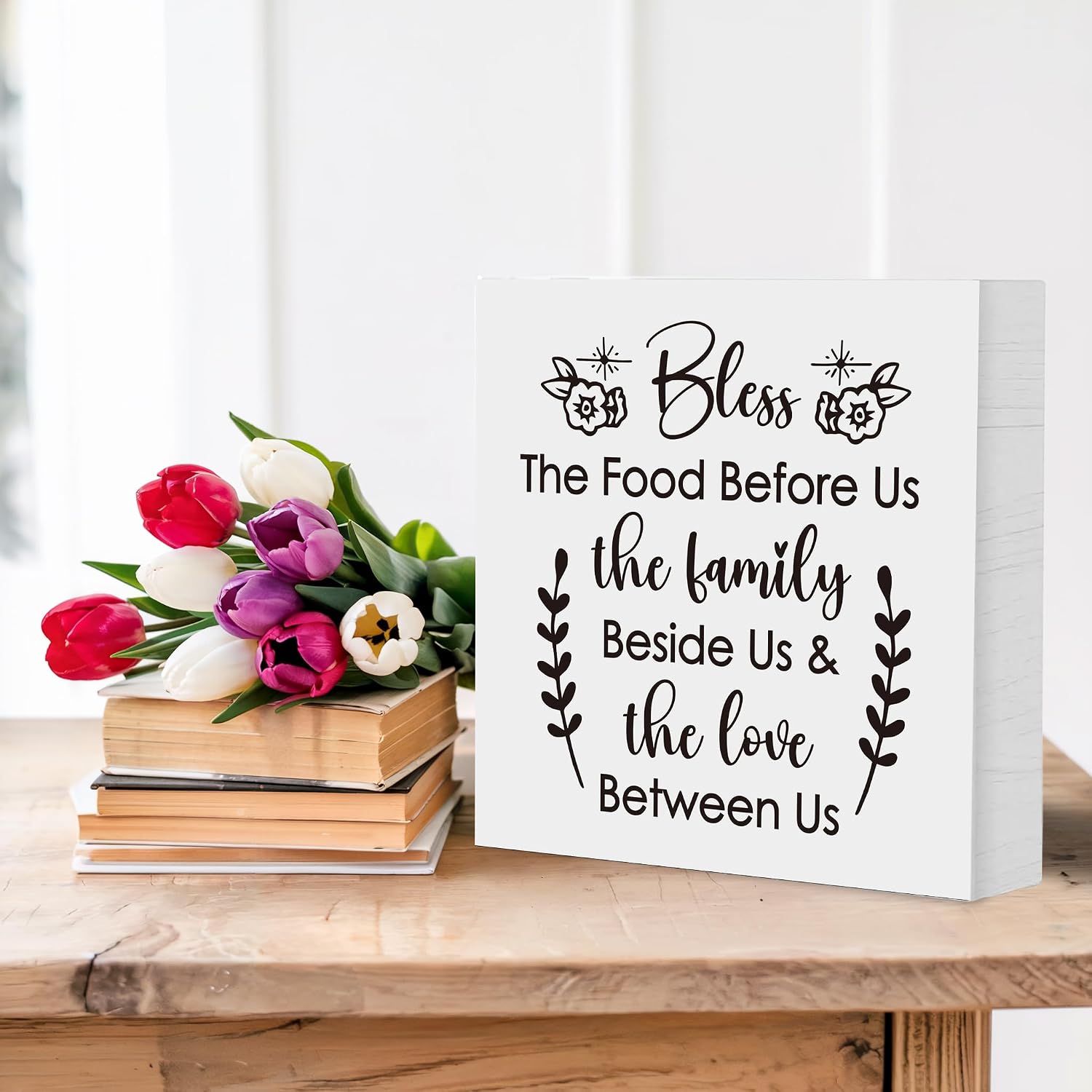 Bless The Food Before Us Home Décor Desk Sign, Vintage Decorative Wooden Box Sign for House Wall Family Kitchen Dining Room, Religious Decor Christian Gifts for Women Friends, 5x5 Inch image 4