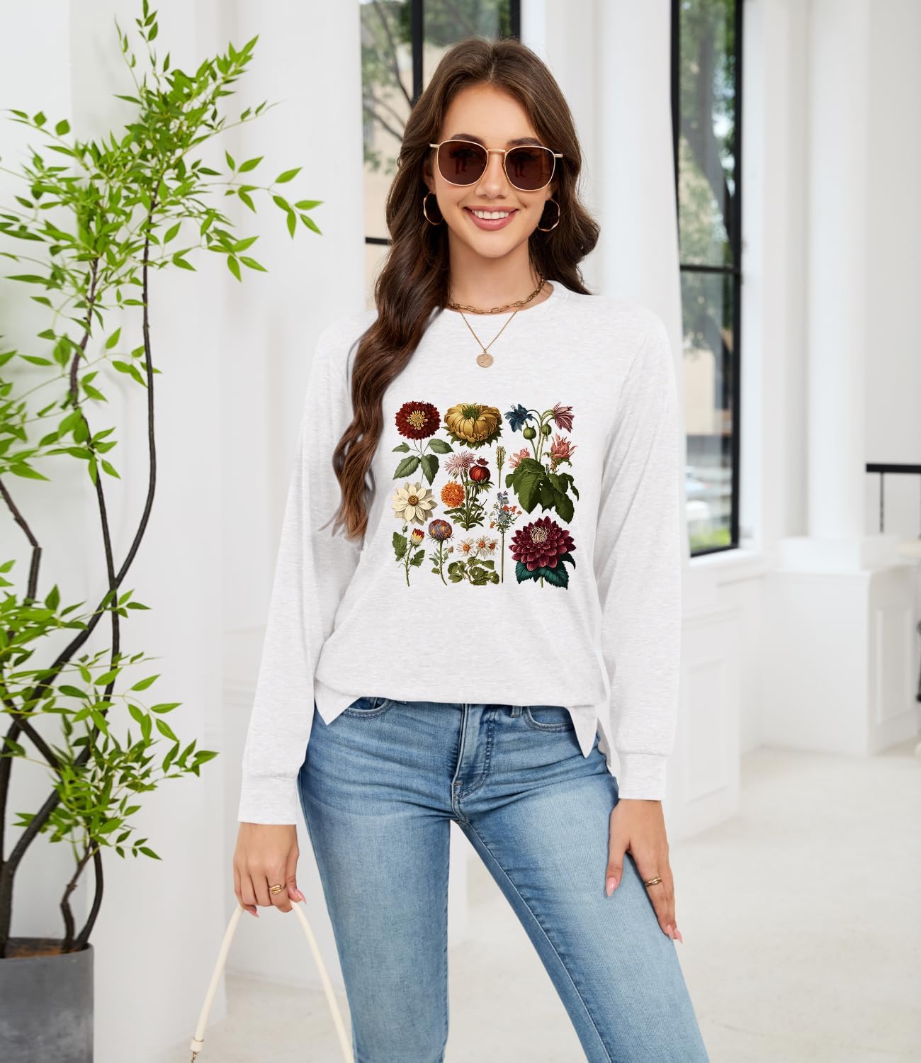 Womens Fall Cute Graphic Long Sleeve Tops Crew Neck Printed Nature Tshirts Tops - Image 5