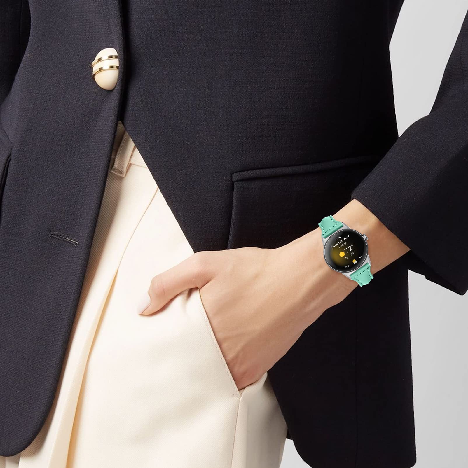 Bracelet de rechange fin en cuir véritable compatible avec Google Pixel Watch 2022 (abricot)