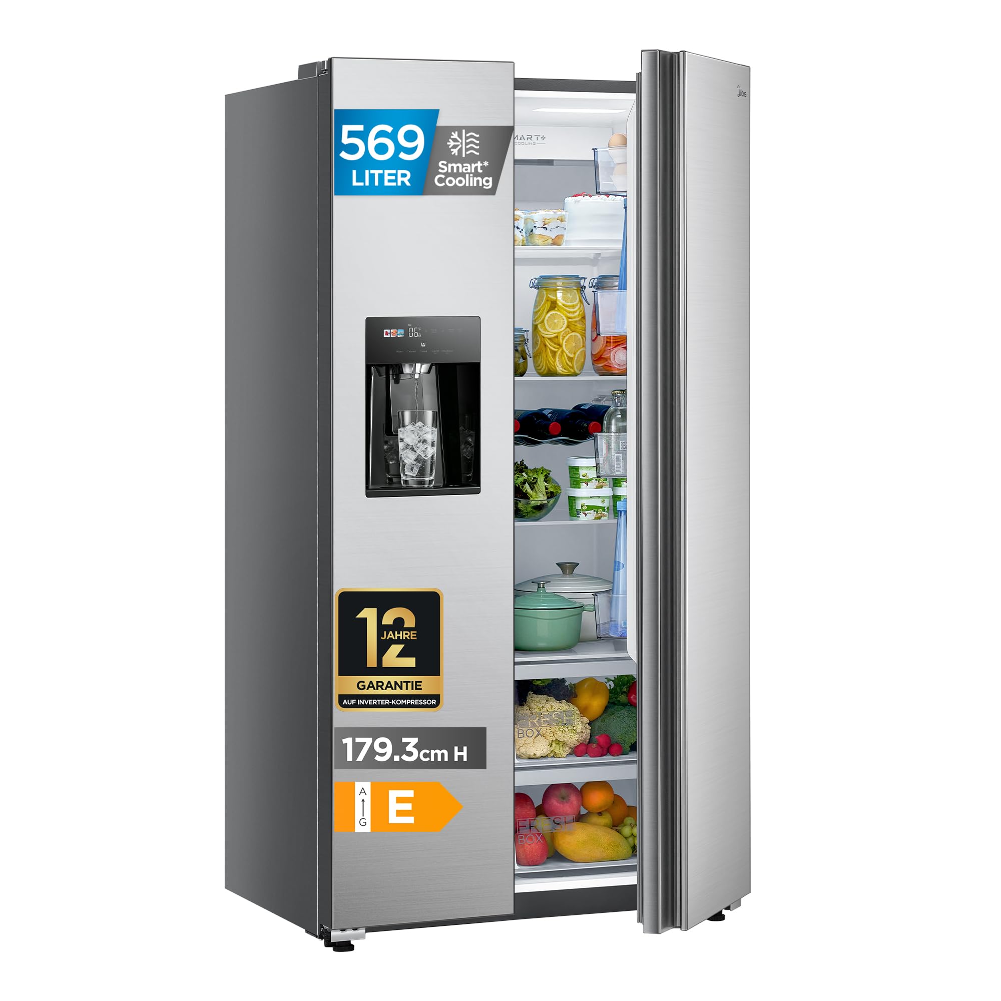 Midea Side-by-Side Kühl-Gefrierkombination 569 L | Eiswürfel- & Wasserspender, WiFi-Steuerung | No Frost, Multi-Air-Flow, Platinum Fresh | 179,3 cm, MDRS761MIE46