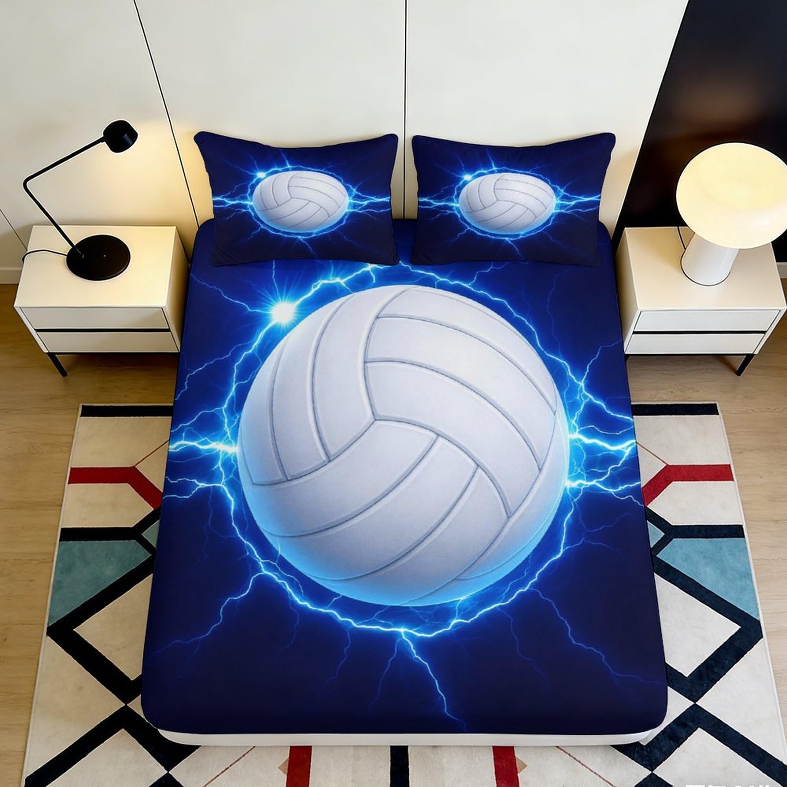 3D Printed Electric Blue Volleyball Fitted Sheet Microfiber Soft Breathable Lightning Bed Cover for Bedroom Dormitory Guest Room Mattress Protection 140x200x25cm