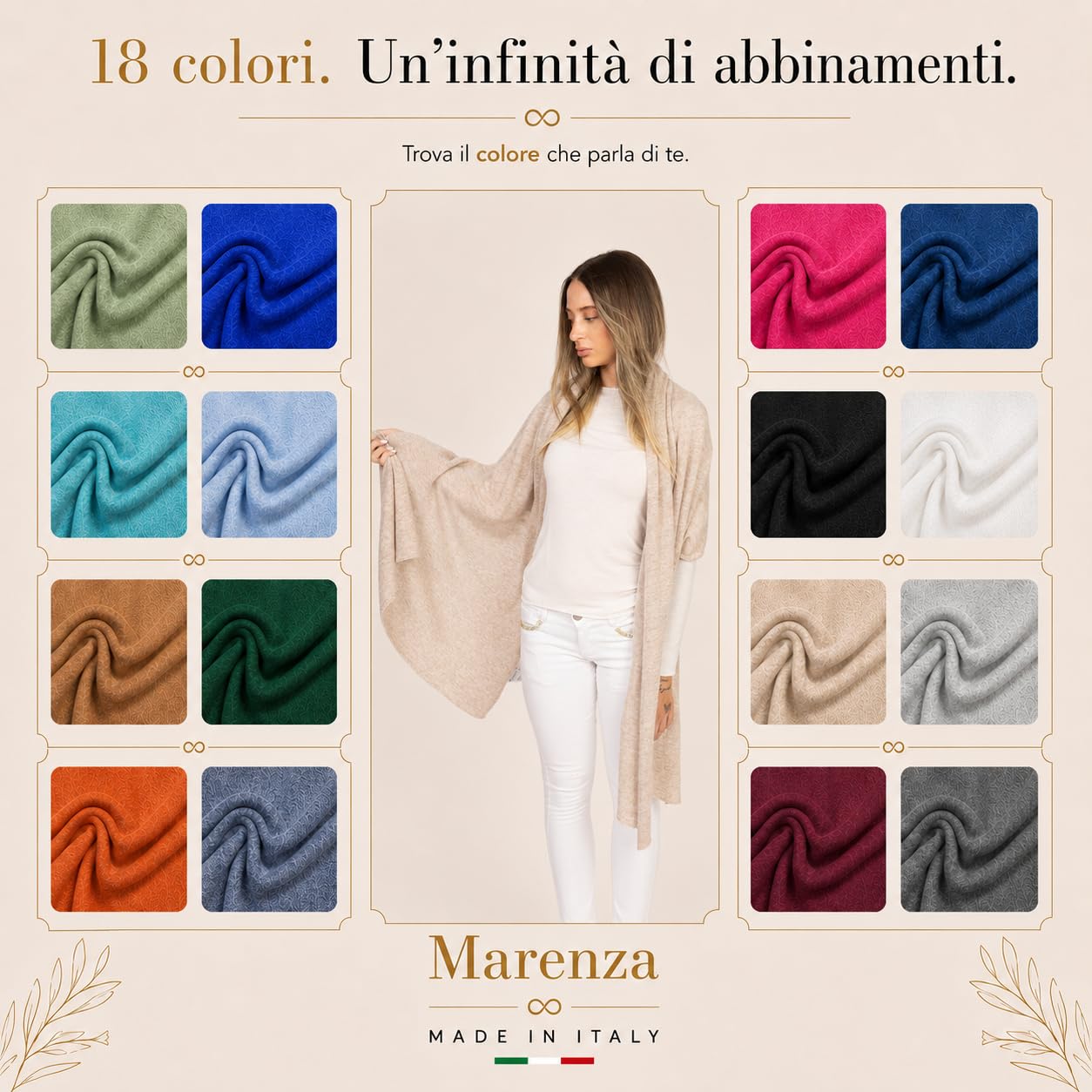 Marenza Stola Donna Misto Cashmere Made in Italy 200 x 75 cm – Sciarpa Elegante con Cashmere, Lana e Seta – Morbida, Calda e Leggera – Maxi Pashmina per Cerimonia, Inverno