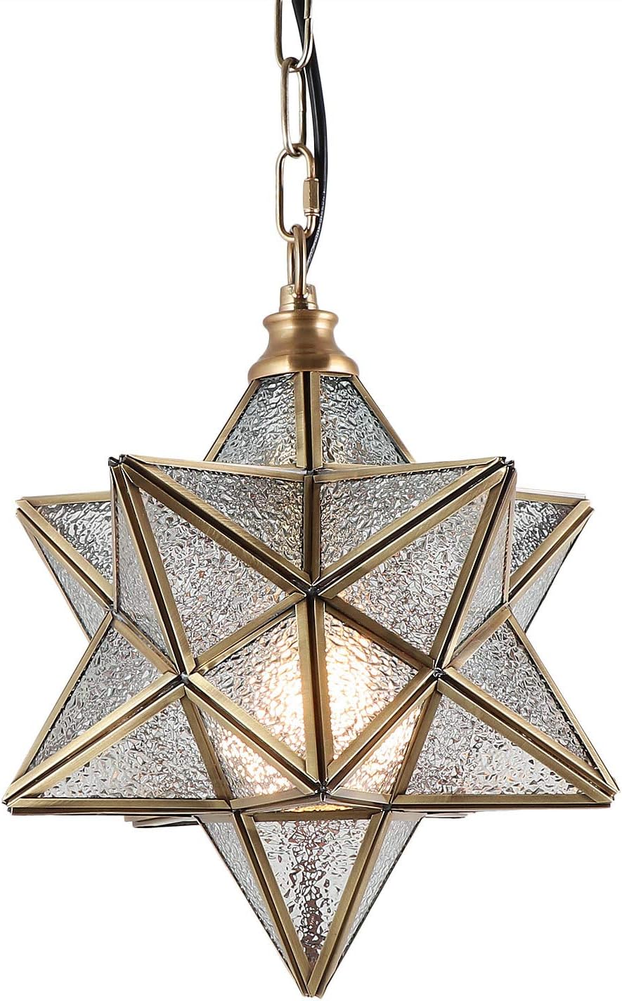 Moravian Star Pendant Light with Textured Ripple Glass Cover, Vintage Chandelier Lamp Rustic Industrial Edison Hanging Light Retro Ceiling Light Fixture 1-Light, Brassy (P0024)