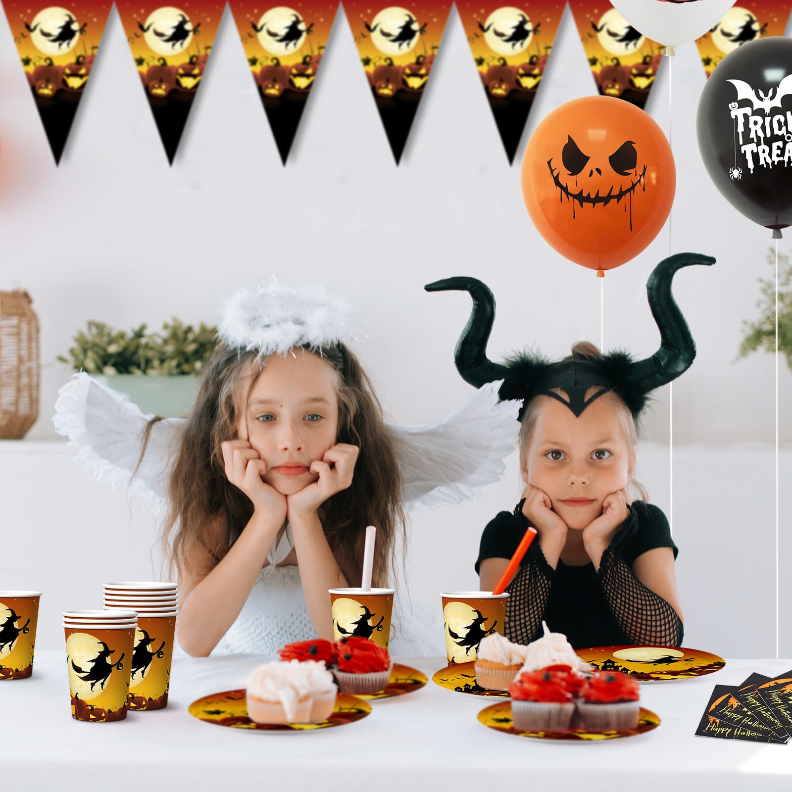 Set di stoviglie per Halloween, 50 pezzi, per feste di Halloween, set di piatti di carta, cannucce, decorazione da tavolo per Halloween, per bambini