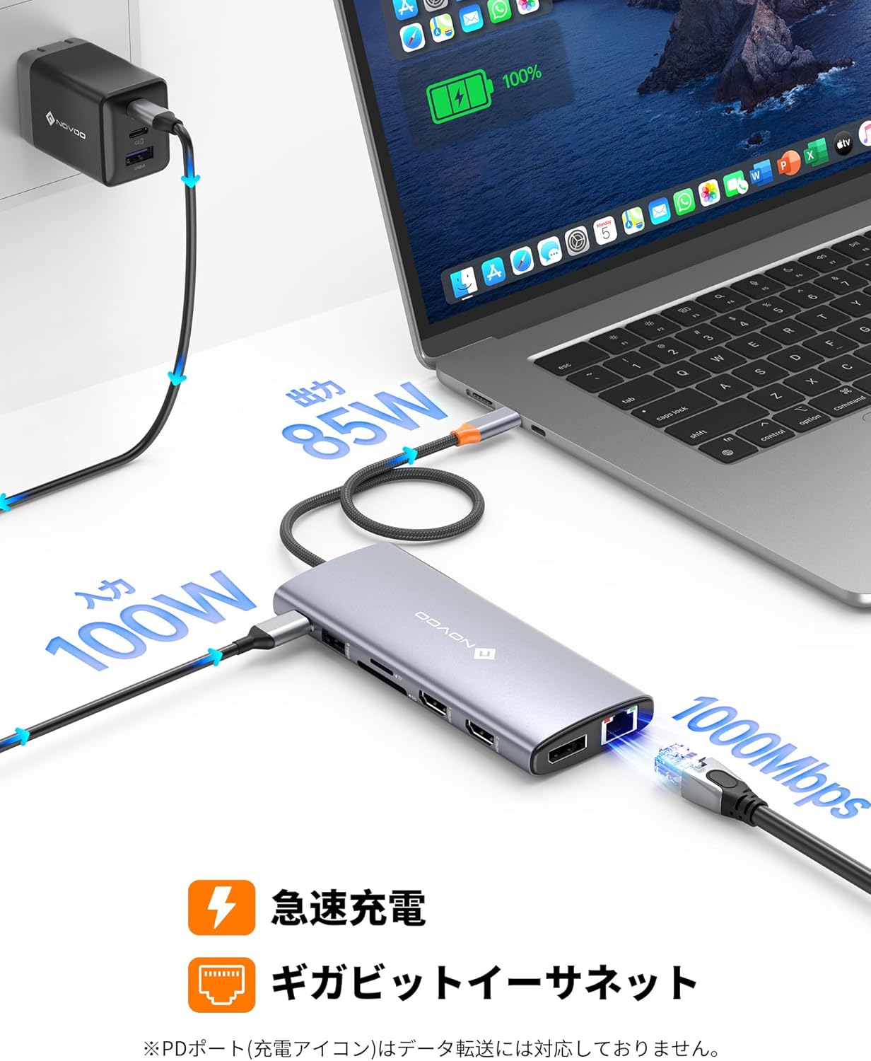 Diagram showing 100W power input and 85W power output for laptop charging