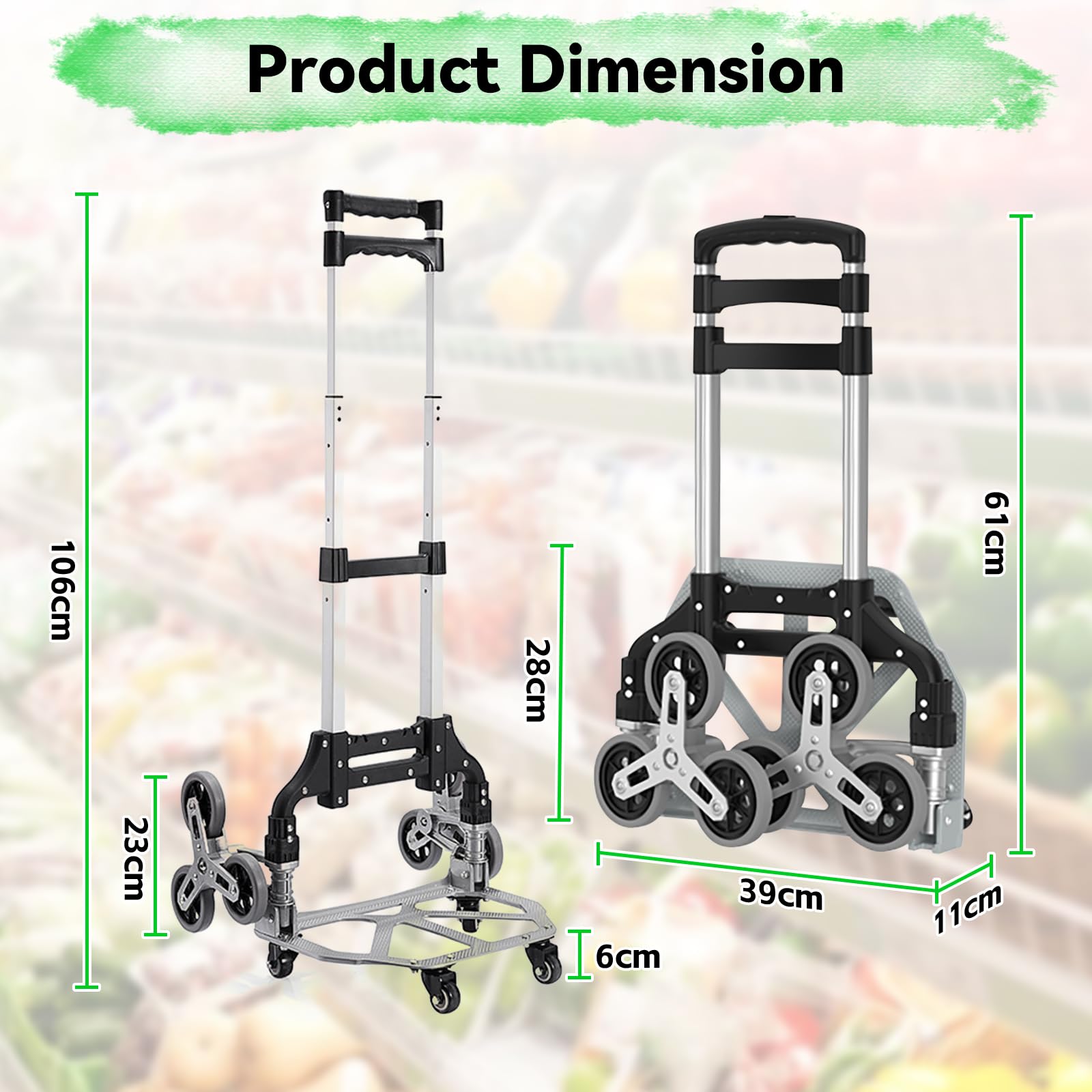 Carretilla Sube Escaleras Plegable, con Cuatro Ruedas Pequeñas Universales de 360° y 2 Piezas de Ruedas de Cristal, Mango Ajustable hasta 100 kg, Adecuada para Subir Escaleras, Mover, Transportar