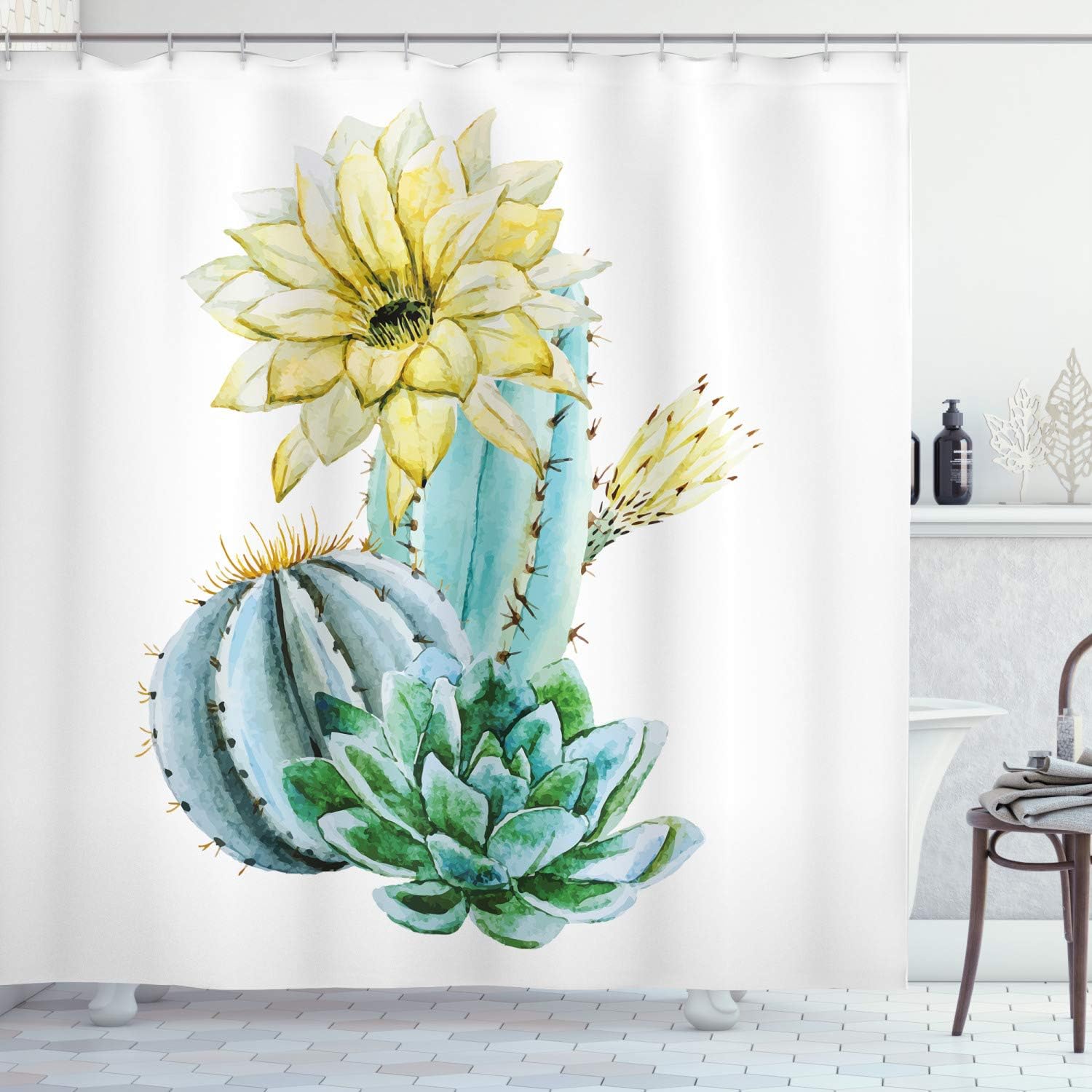 Ambesonne Succulent Shower Curtain, Watercolor Style Cactus Composition Exotic Climate Flora Art, Cloth Fabric Bathroom Decor Set with Hooks, 69" W x 75" L, Green Yellow