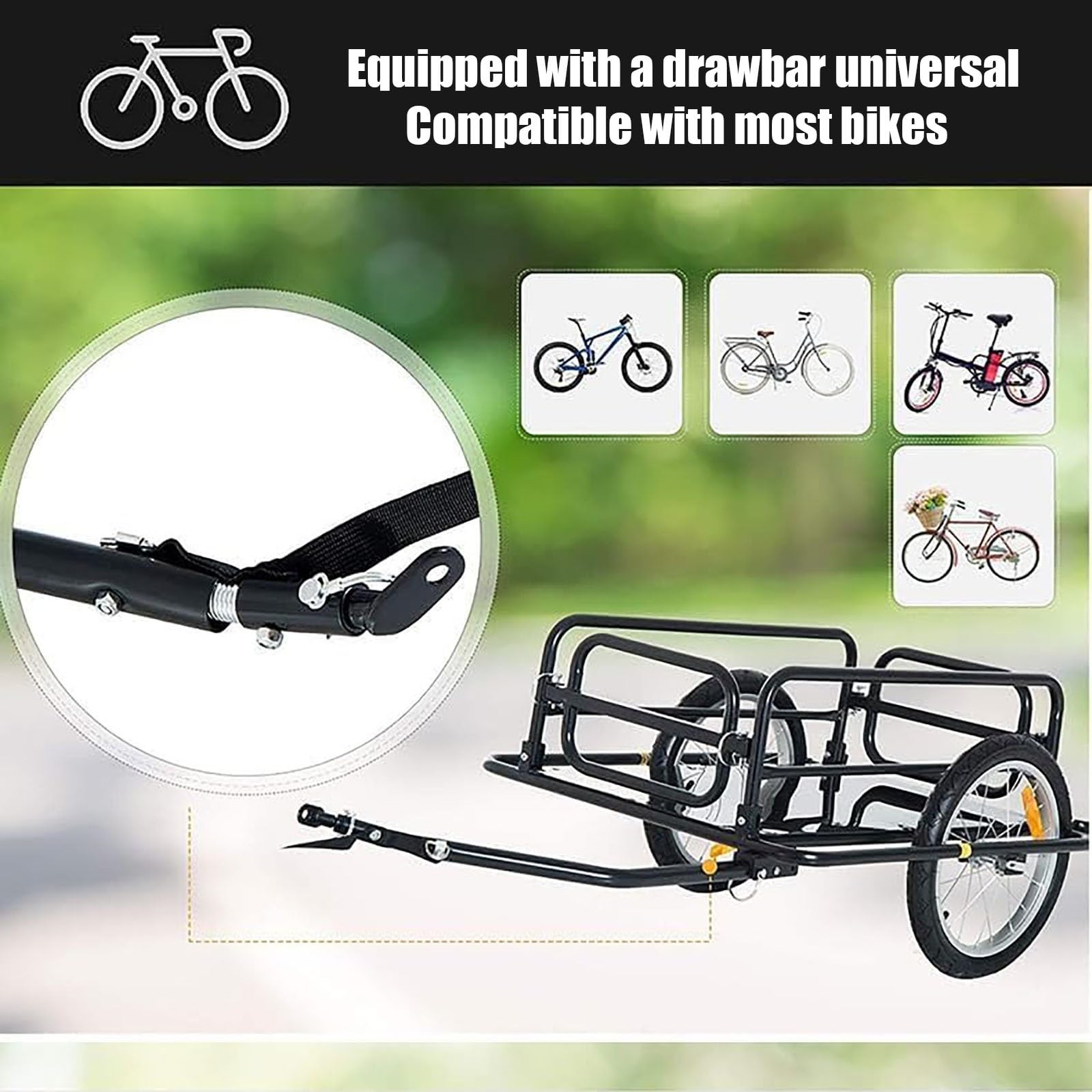 Remolque de carga para bicicleta, carro de bicicleta plegable con ruedas de 16 pulgadas y reflectores, carrito de almacenamiento para transportar equipaje y herramientas