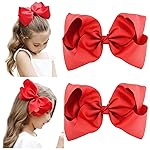 DEEKA 2 PCS 8 Big Hair Bows Hand-made Grosgrain Ribbon Solid Color Large Bows Alligator Clips Hair Accessories for Girls Set of 2 -Red