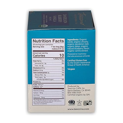 Teeccino Té de Hierbas de Diente de León, Arándano y Vainilla, 10 Unidades - Té de Hierbas Rico y Tostado que es Libre de Cafeína y Prebiótico para