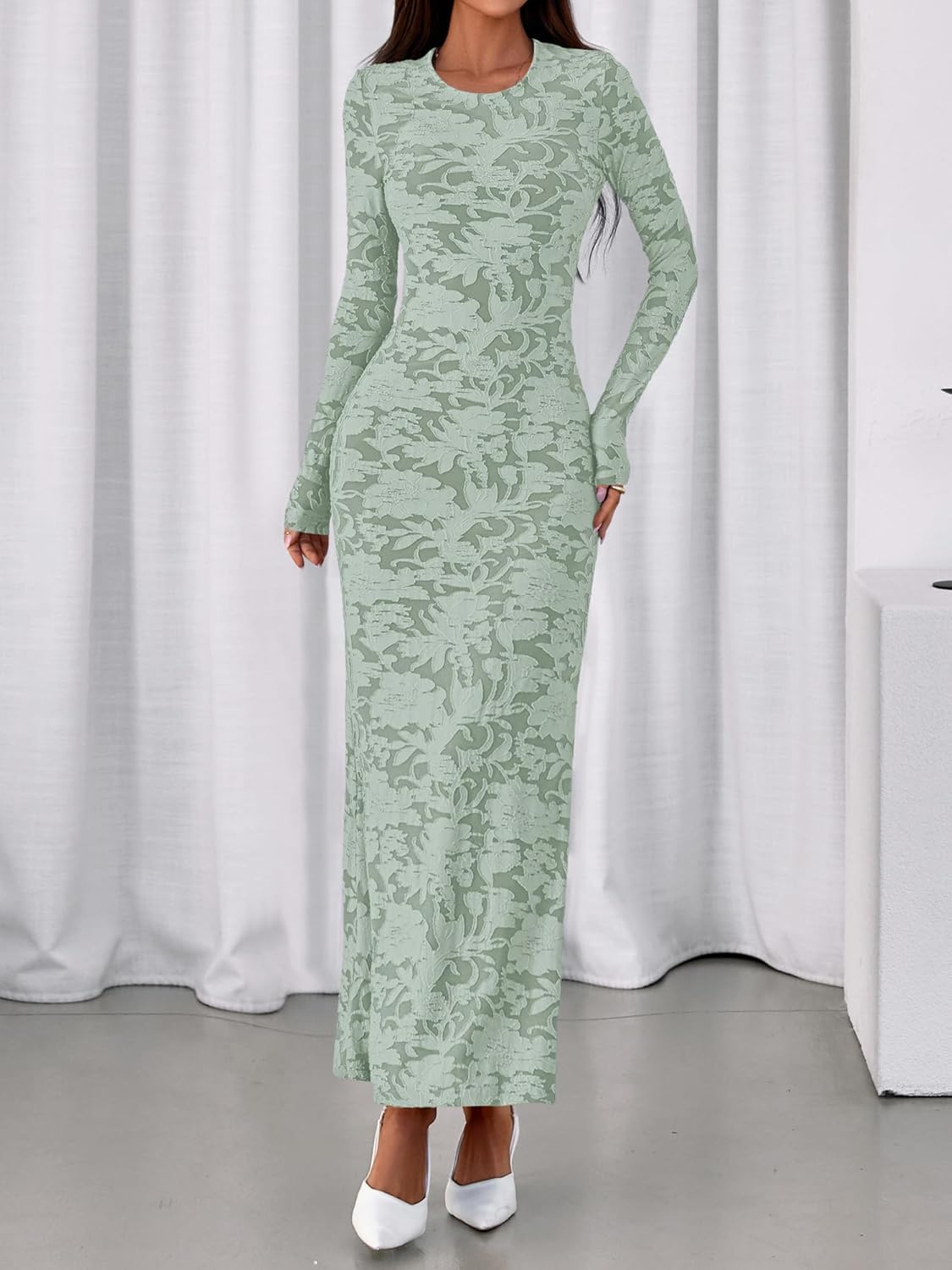 BTFBM Wedding Guest Dresses for Women 2026 Spring Elegant Floral Lace Ruched Long Sleeve Bodycon Cocktail Party Maxi Dress