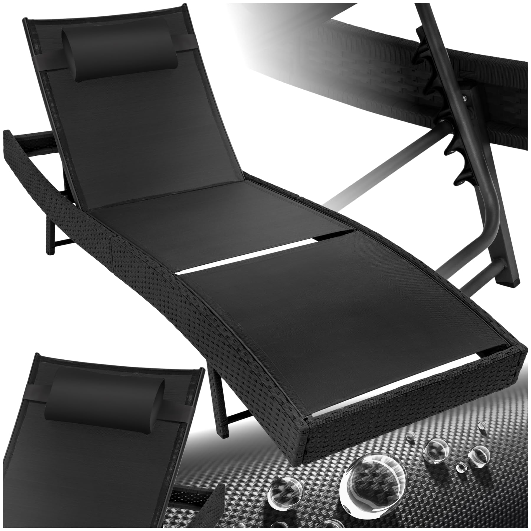 tectake® Sonnenliege, 6-Fach verstellbare Rückenlehne, Gartenliege wetterfest, Poolliege mit Kopfkissen, Outdoor Liege, UV-beständig, Strandliege für Garten, Terrasse und Balkon - schwarz