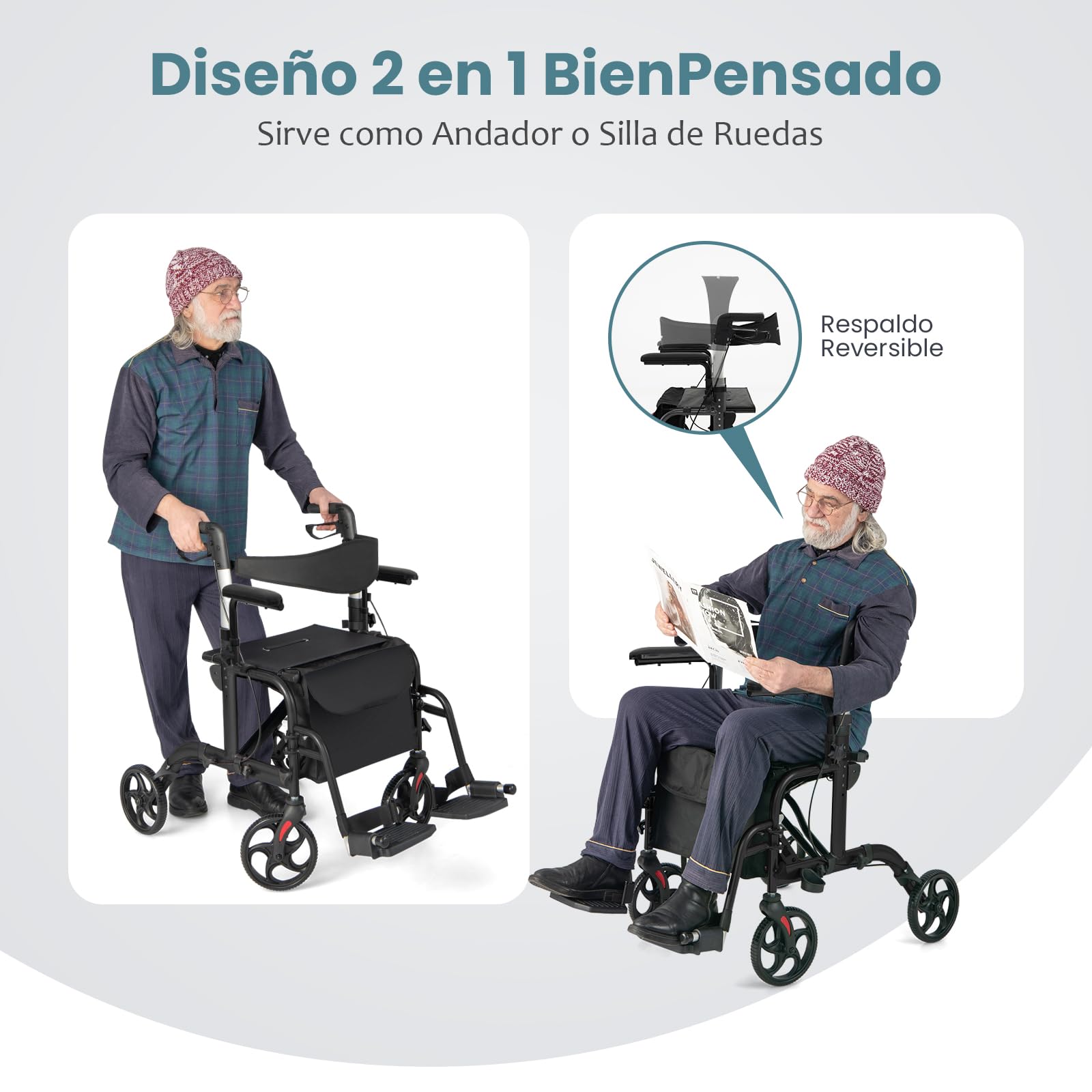 COSTWAY 2 en 1 Andador Plegable para ancianos, caminadores para mayores con Asiento y Respaldo Reversible, Silla de Ruedas con Manija Ajustable, Freno de Mano, Portaparaguas y Bolsa (negro)
